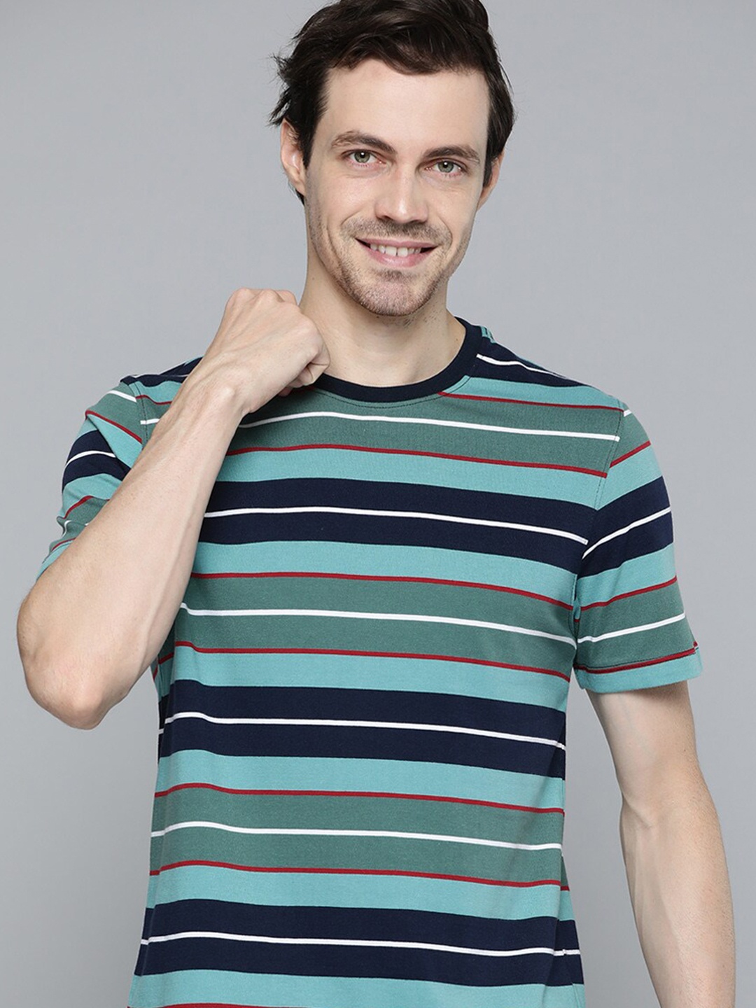 

Mast & Harbour Men Navy Blue & Green Striped T-shirt