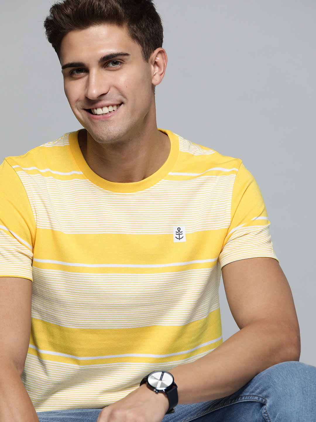 

Mast & Harbour Men Yellow & White Striped T-shirt