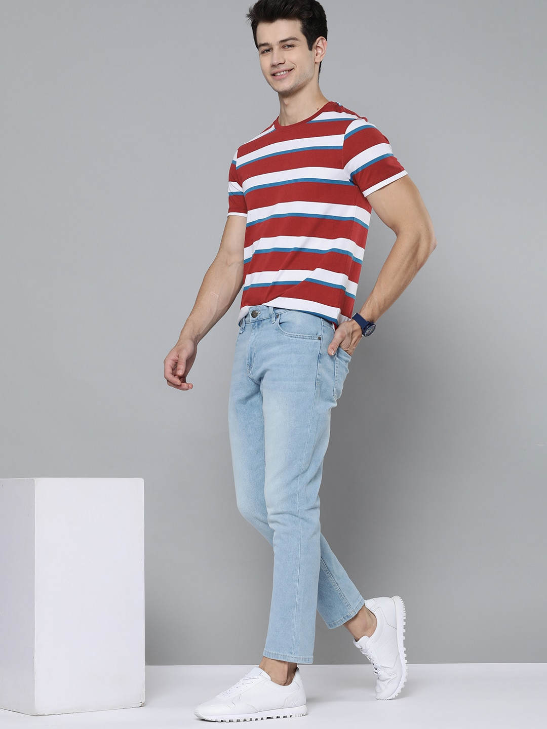 

Mast & Harbour Men Maroon & White Striped T-shirt