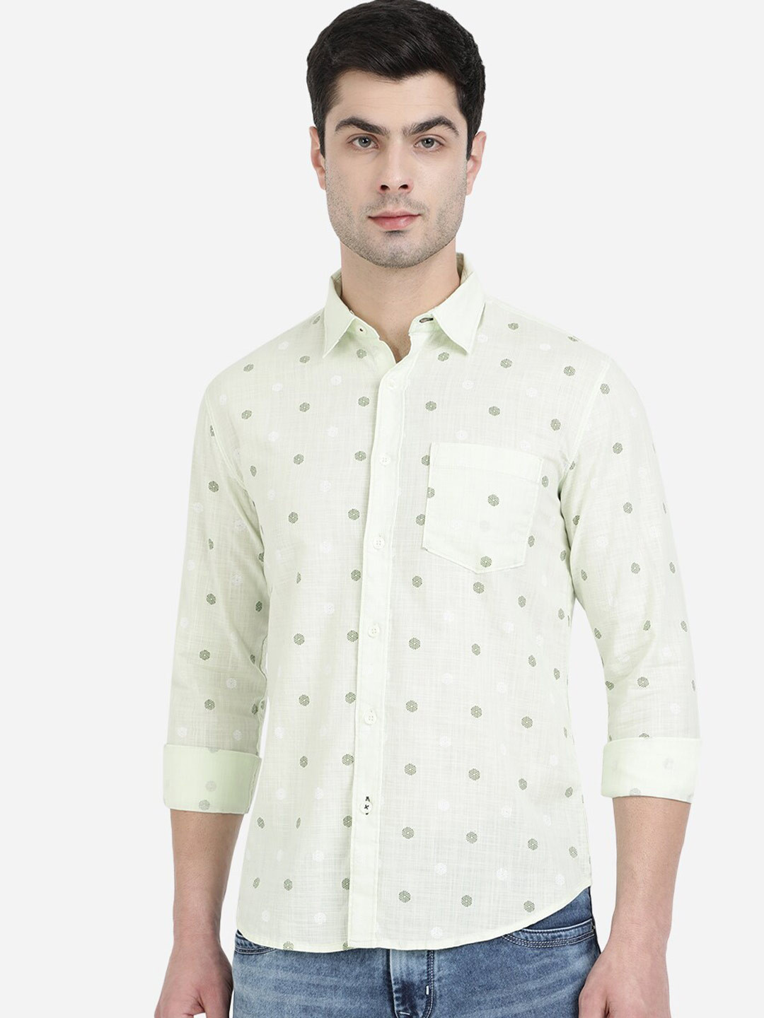 

Greenfibre Men Lime Green Slim Fit Printed Cotton Casual Shirt