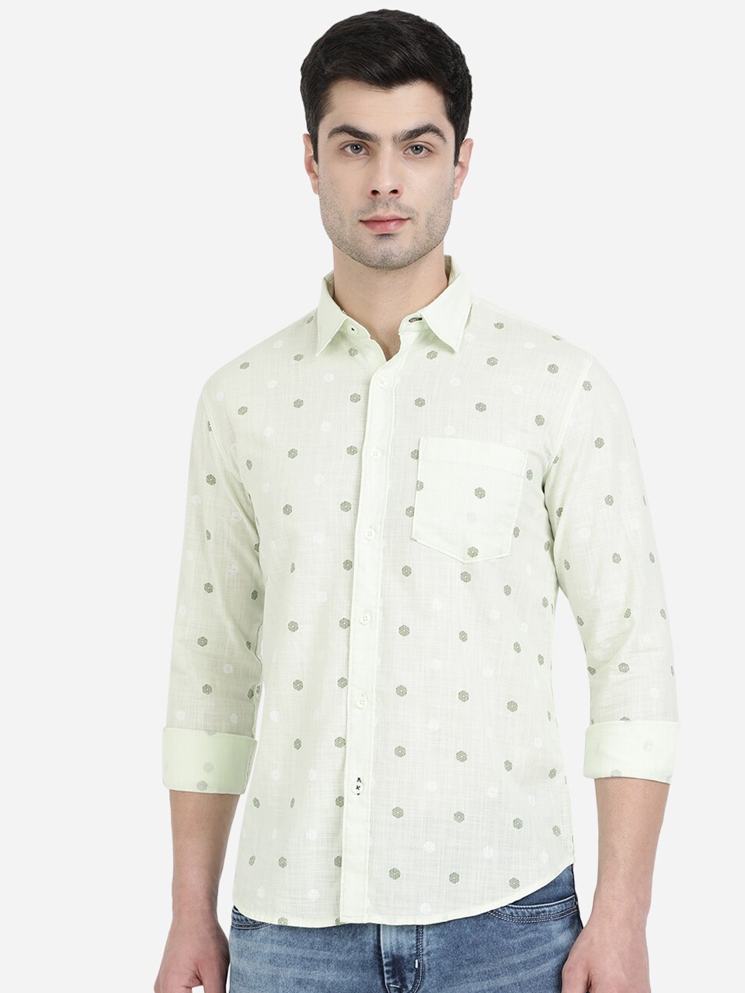 

Greenfibre Men Lime Green Slim Fit Printed Cotton Casual Shirt