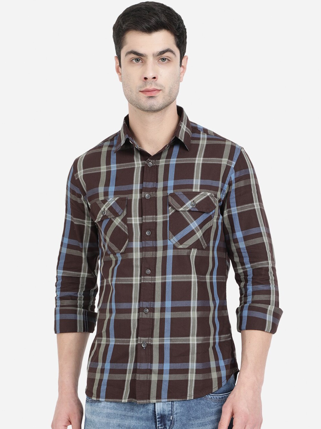 

Greenfibre Men Brown Slim Fit Tartan Checked Cotton Casual Shirt