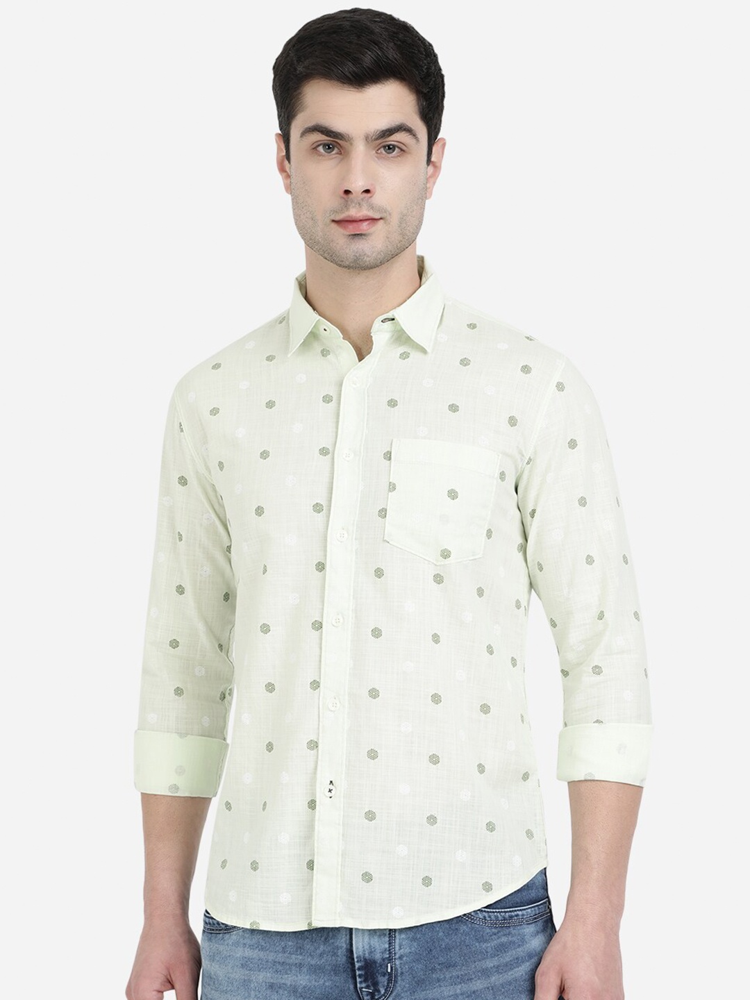

Greenfibre Men Lime Green Slim Fit Printed Cotton Casual Shirt