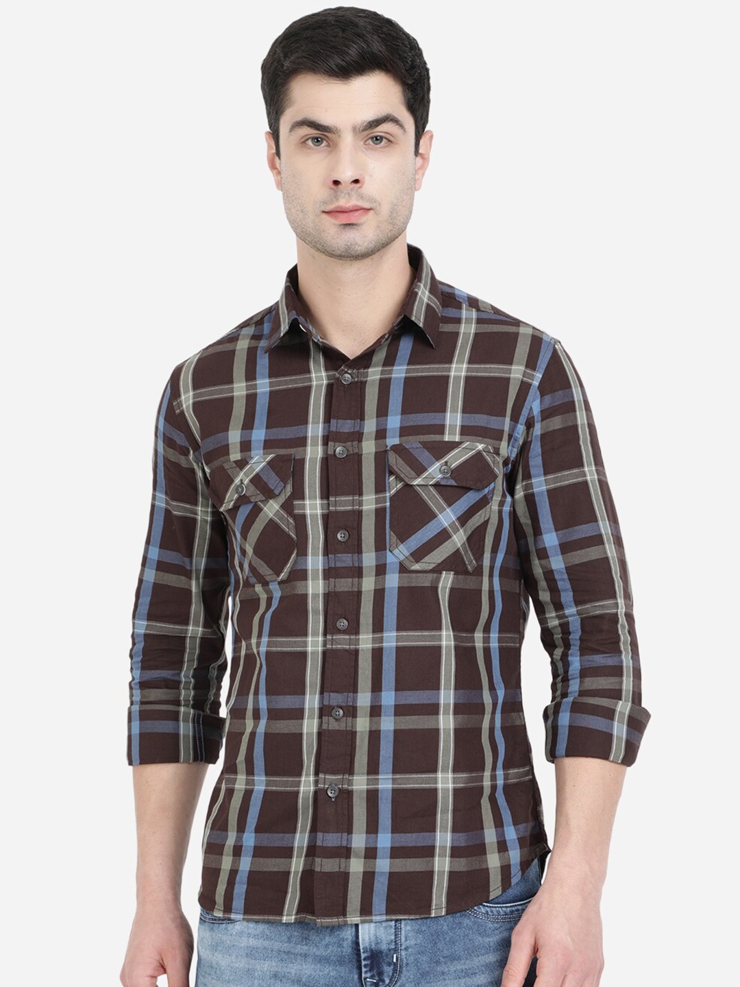 

Greenfibre Men Brown Slim Fit Tartan Checked Cotton Casual Shirt