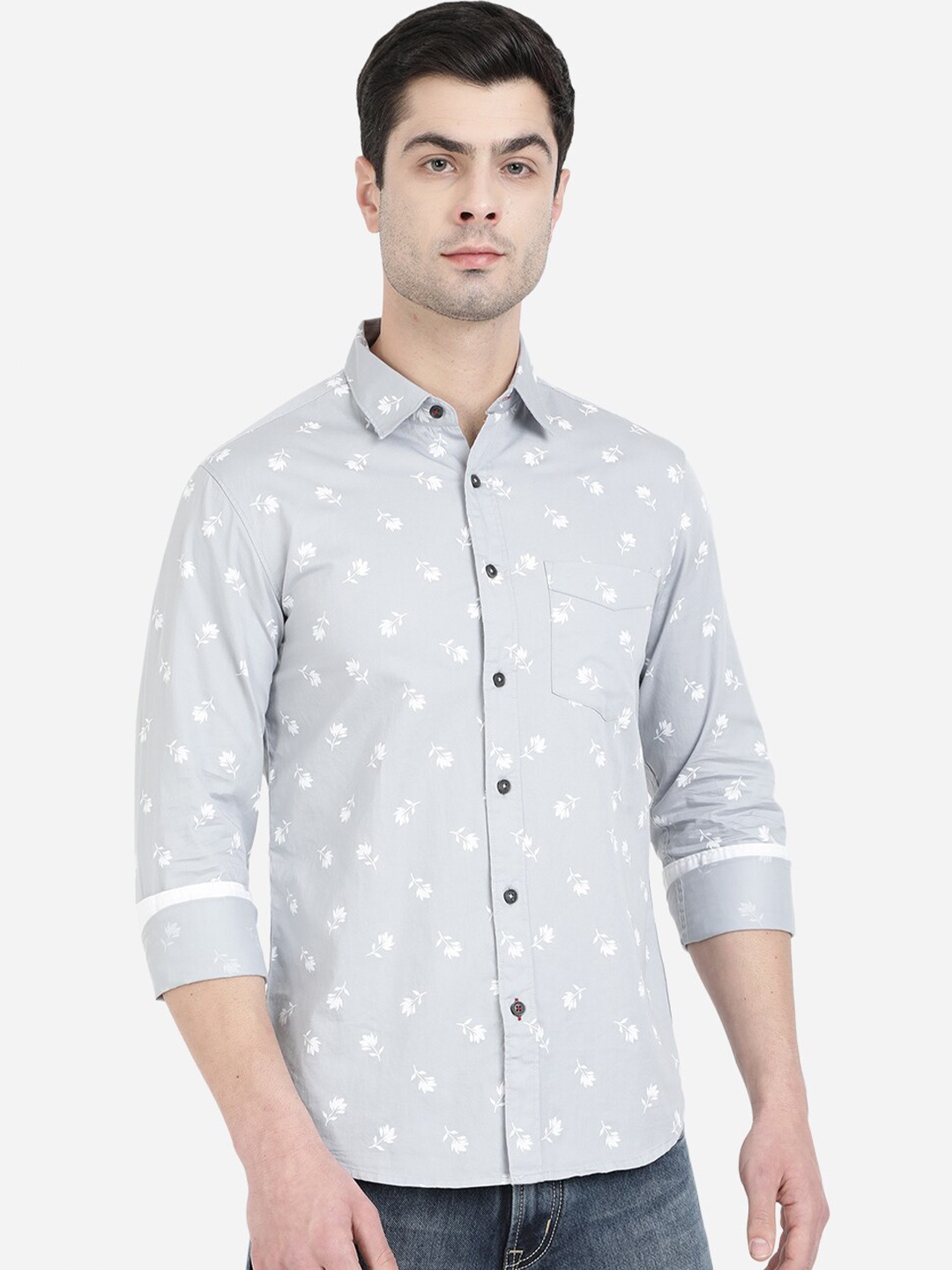 

Greenfibre Men Grey Slim Fit Floral Printed Cotton Casual Shirt
