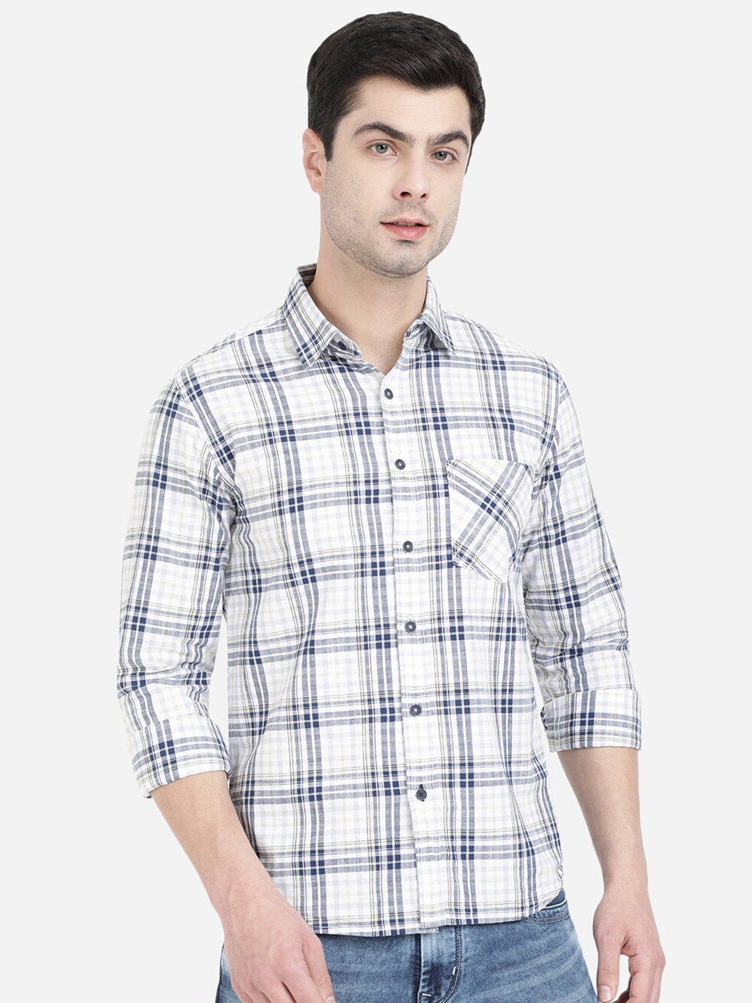

Greenfibre Men Navy Blue & White Slim Fit Tartan Checked Cotton Casual Shirt