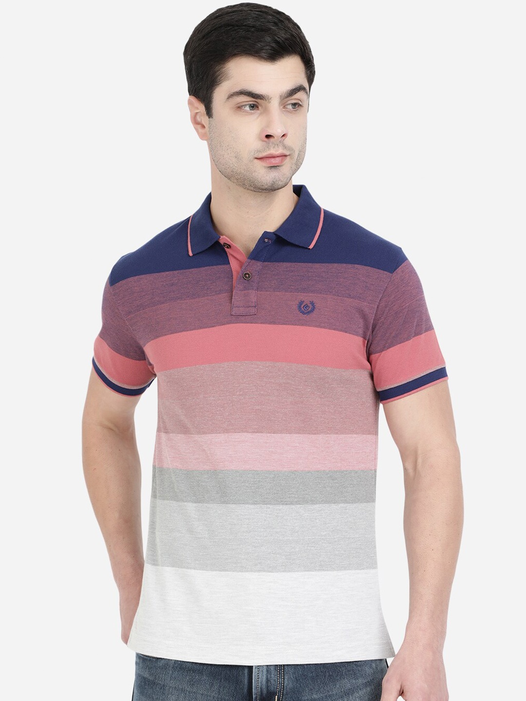

Greenfibre Men Blue & White Striped Polo Collar Slim Fit T-shirt