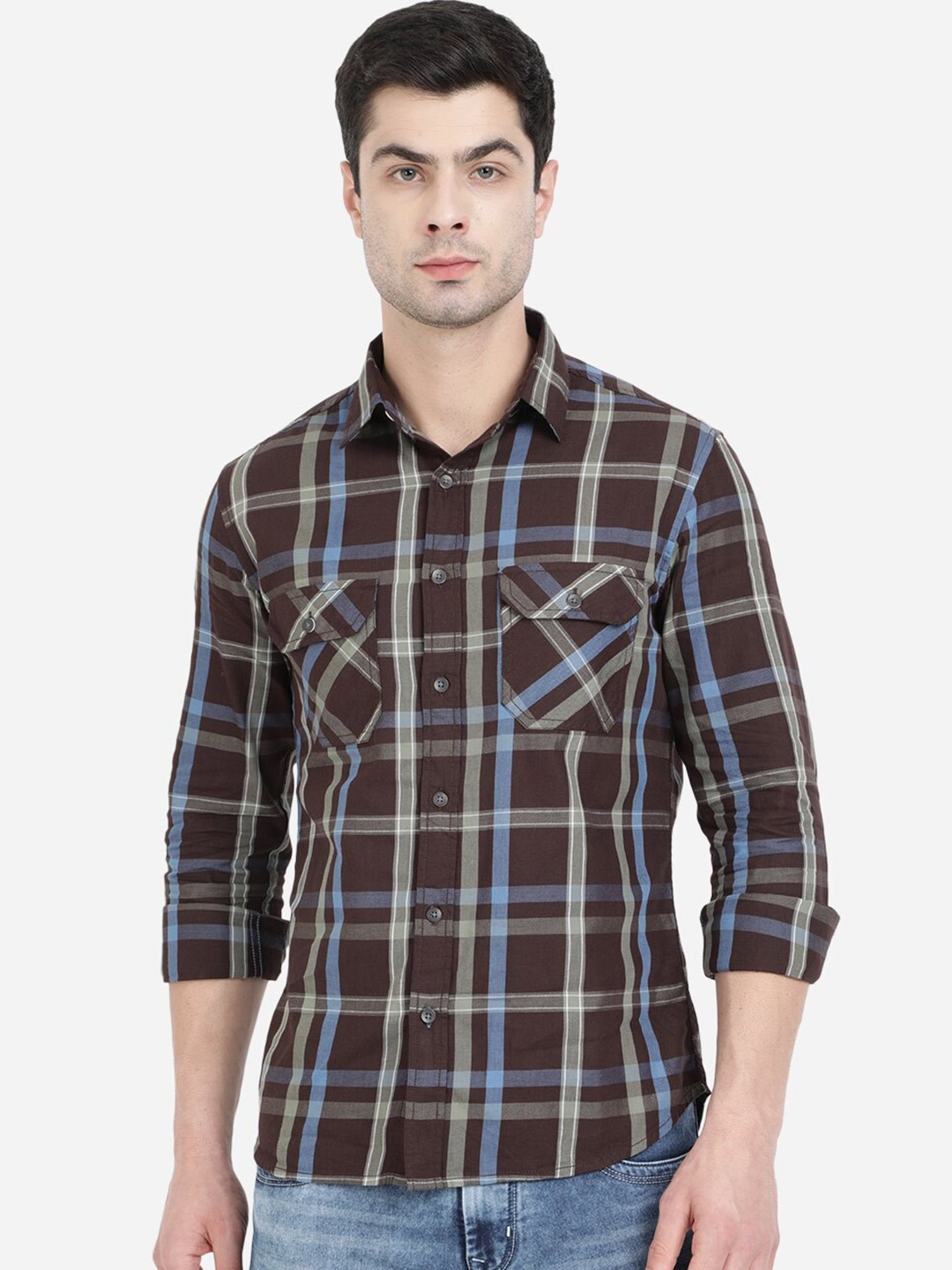 

Greenfibre Men Brown Slim Fit Tartan Checked Cotton Casual Shirt
