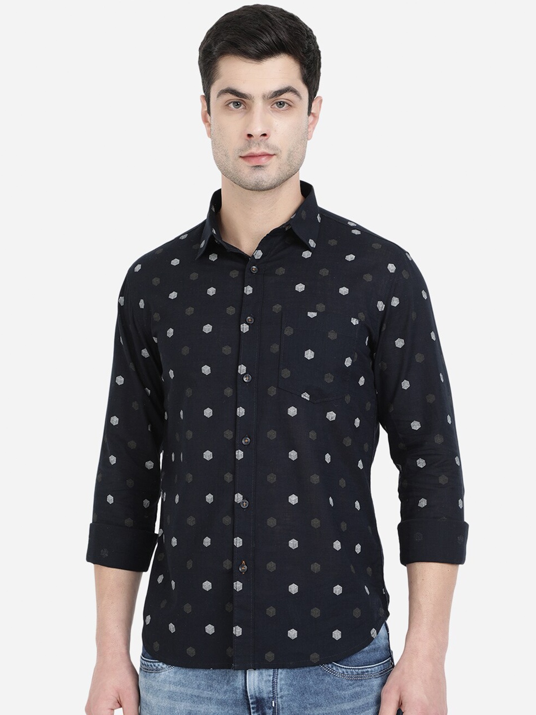 

Greenfibre Men Blue Slim Fit Printed Casual Shirt, Navy blue