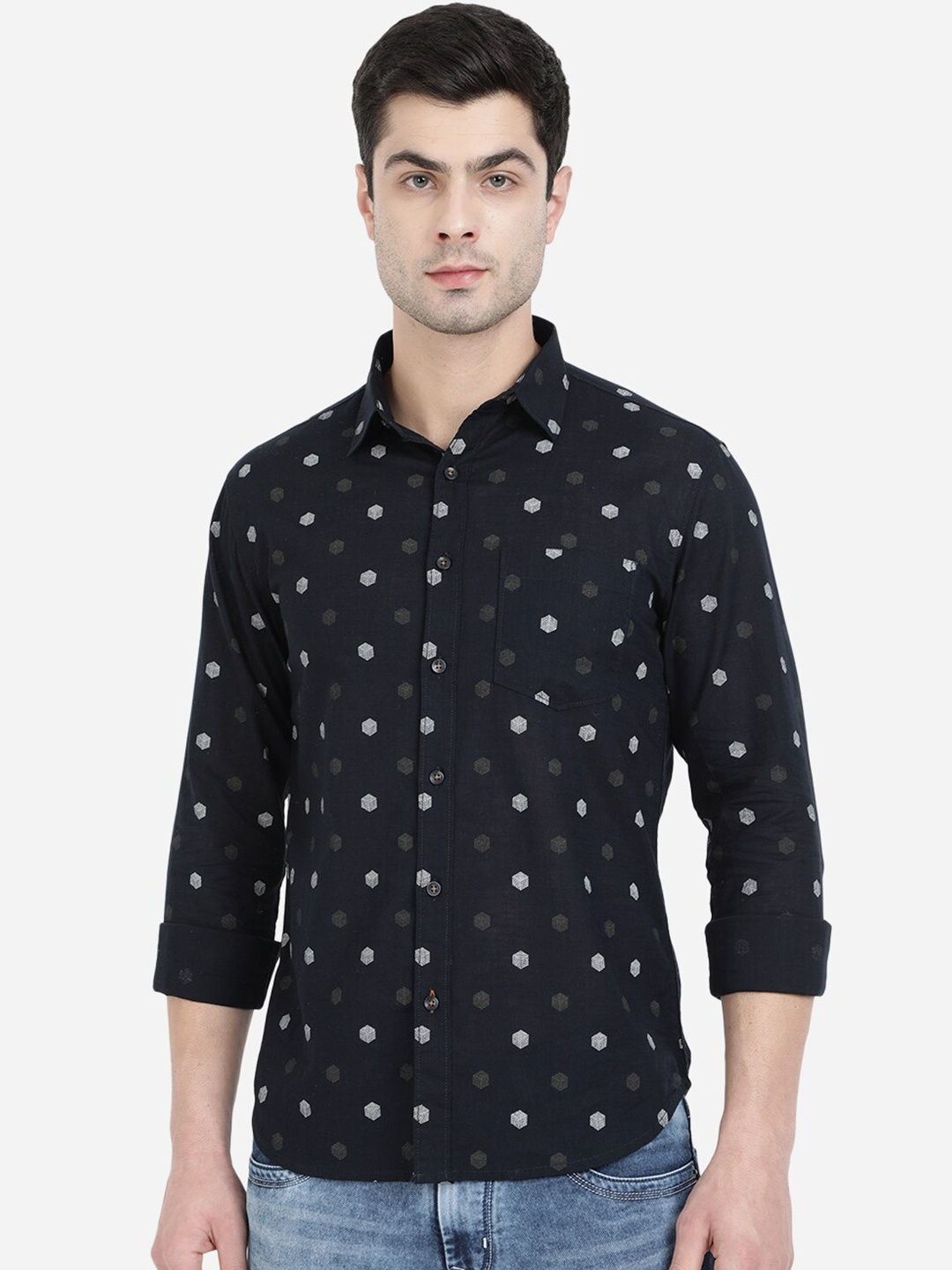 

Greenfibre Men Blue Slim Fit Printed Casual Shirt, Navy blue