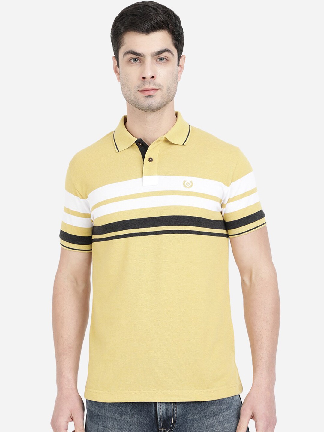 

Greenfibre Men Yellow & White Striped Polo Collar Slim Fit T-shirt