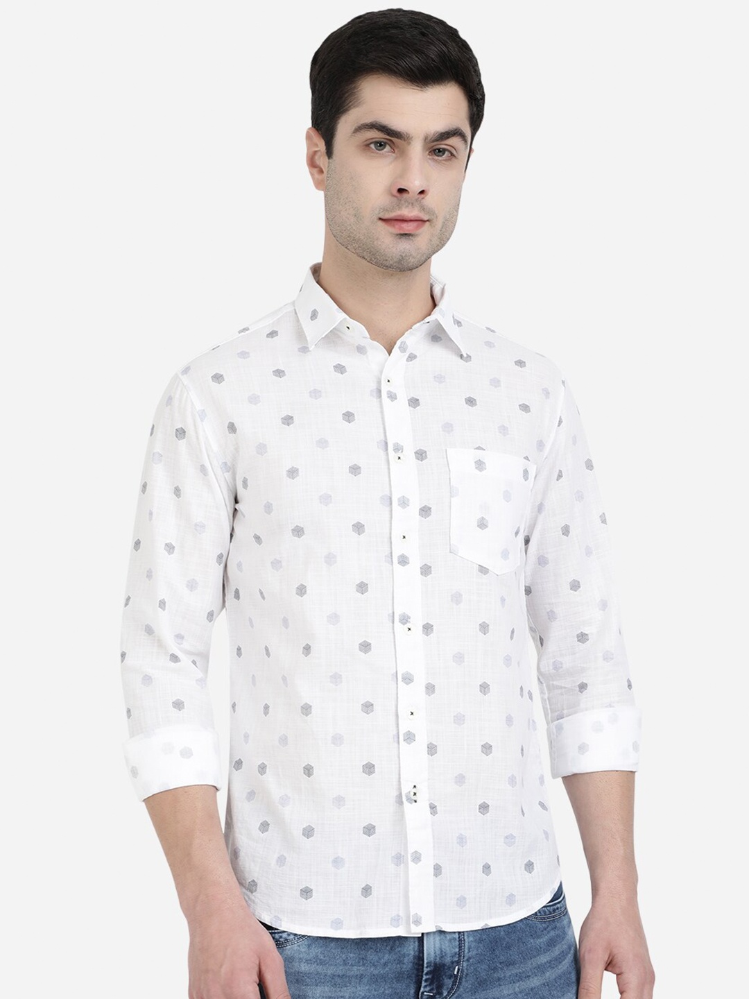 

Greenfibre Men White Slim Fit Printed Casual Shirt