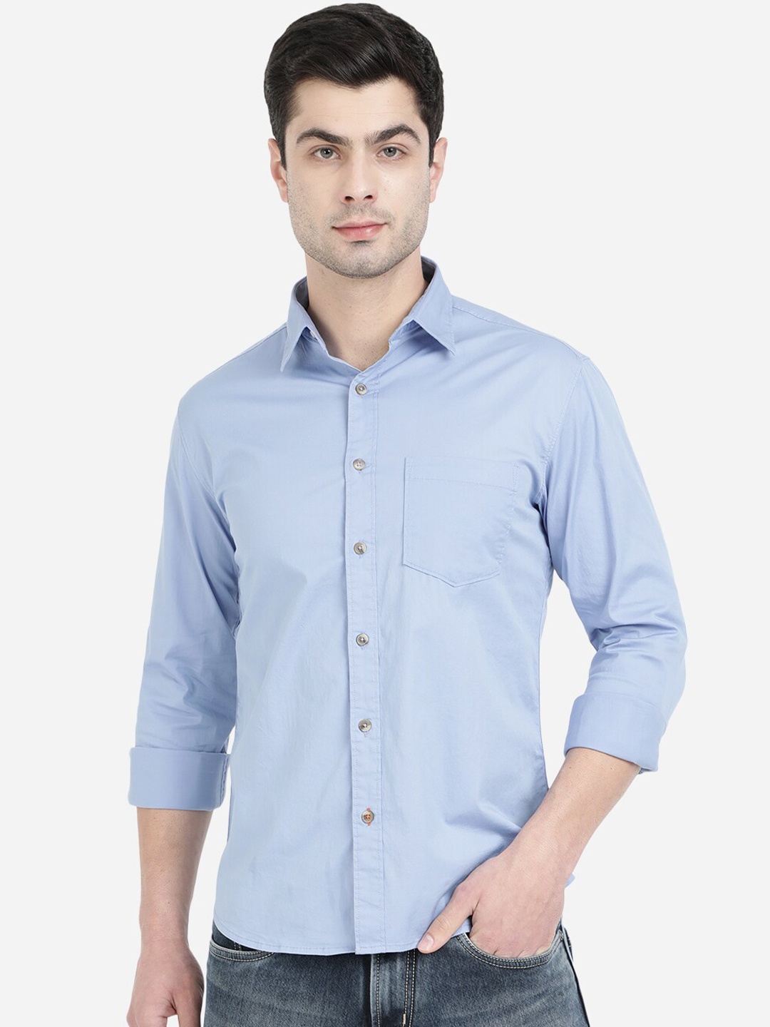 

Greenfibre Men Blue Solid Slim Fit Cotton Casual Shirt