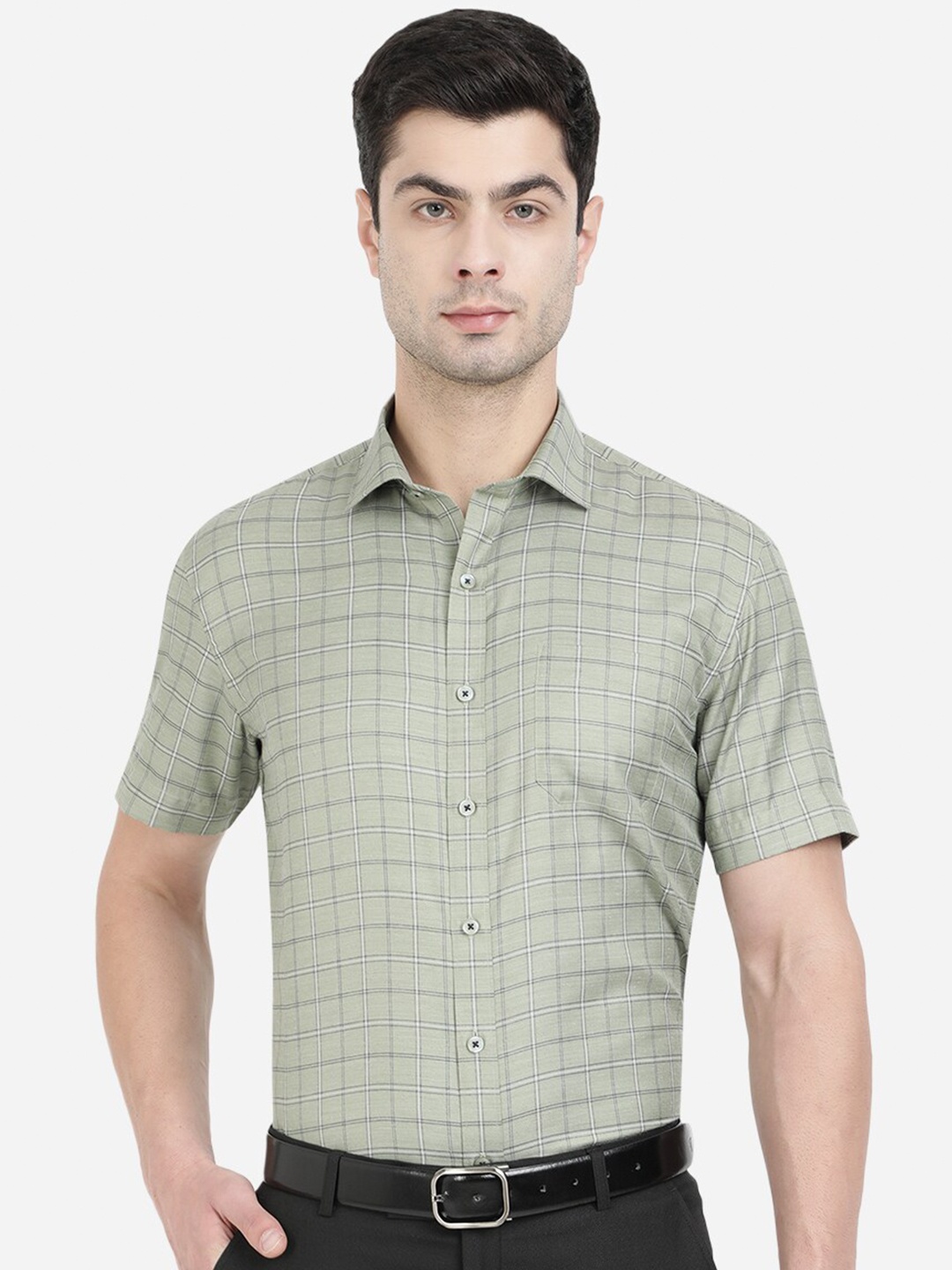 

Greenfibre Men Green Regular Fit Grid Tattersall Checked Cotton Formal Shirt