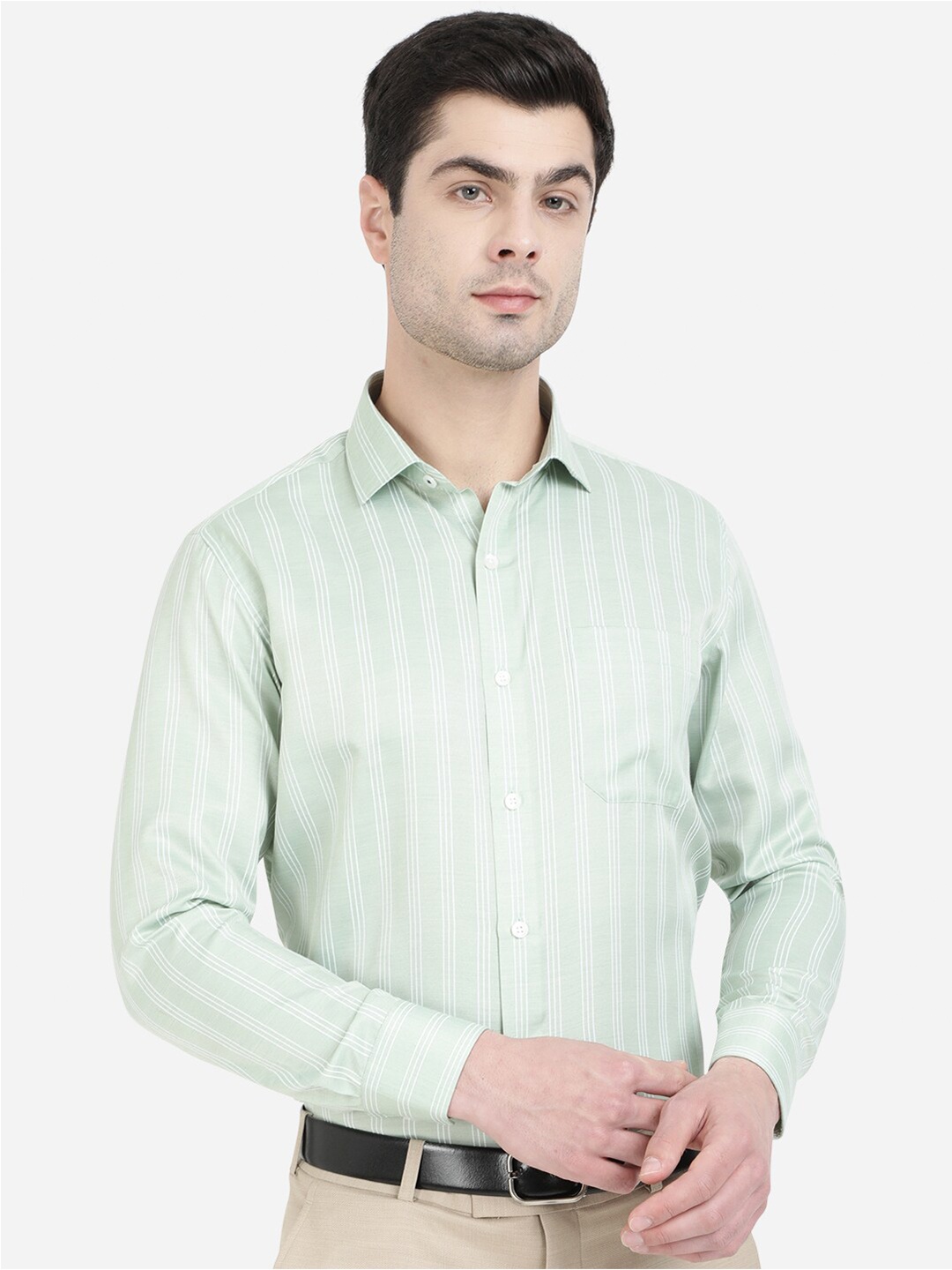

Greenfibre Men Green Slim Fit Striped Cotton Formal Shirt