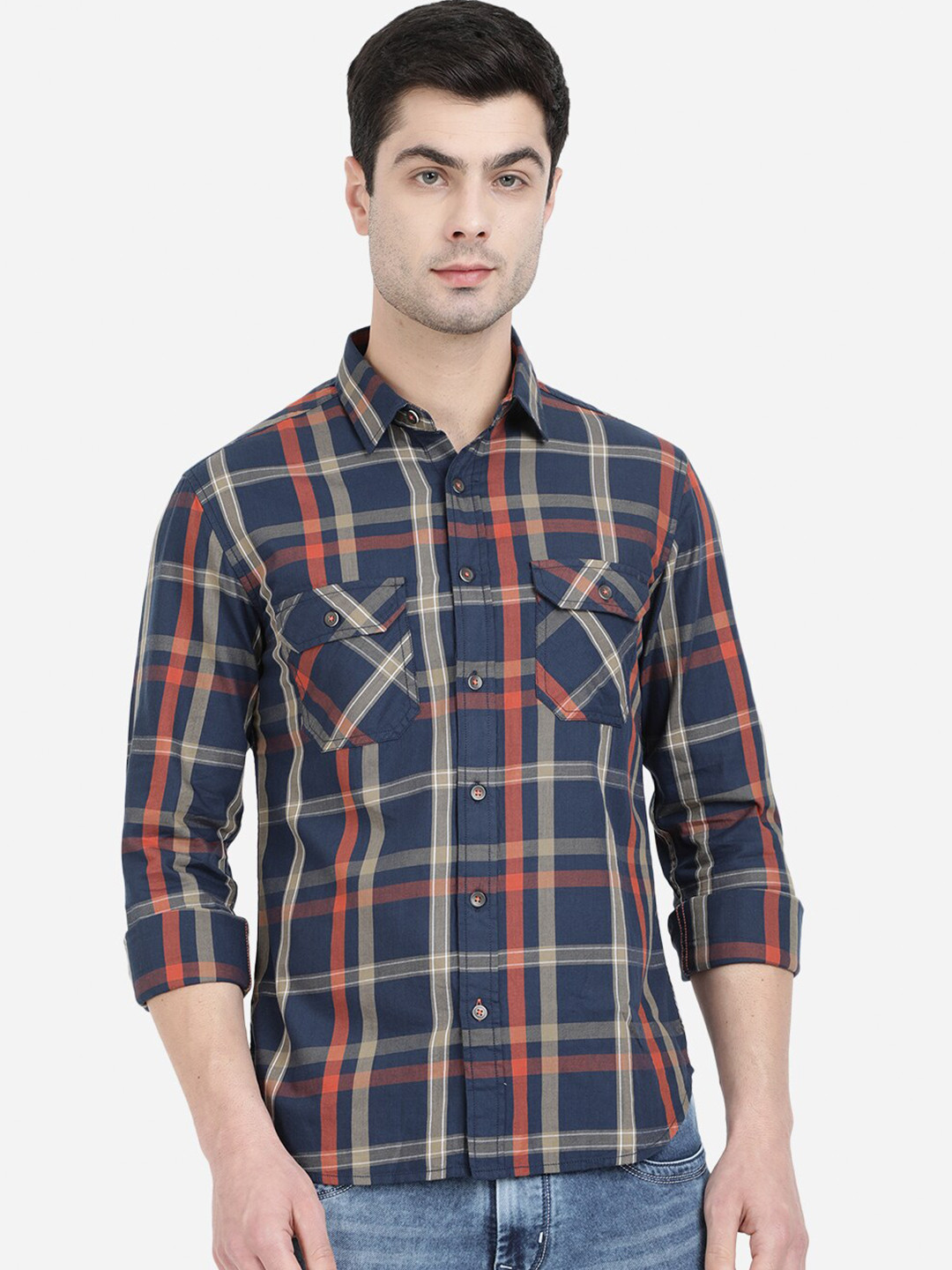 

Greenfibre Men Navy Blue Slim Fit Tartan Checked Casual Shirt