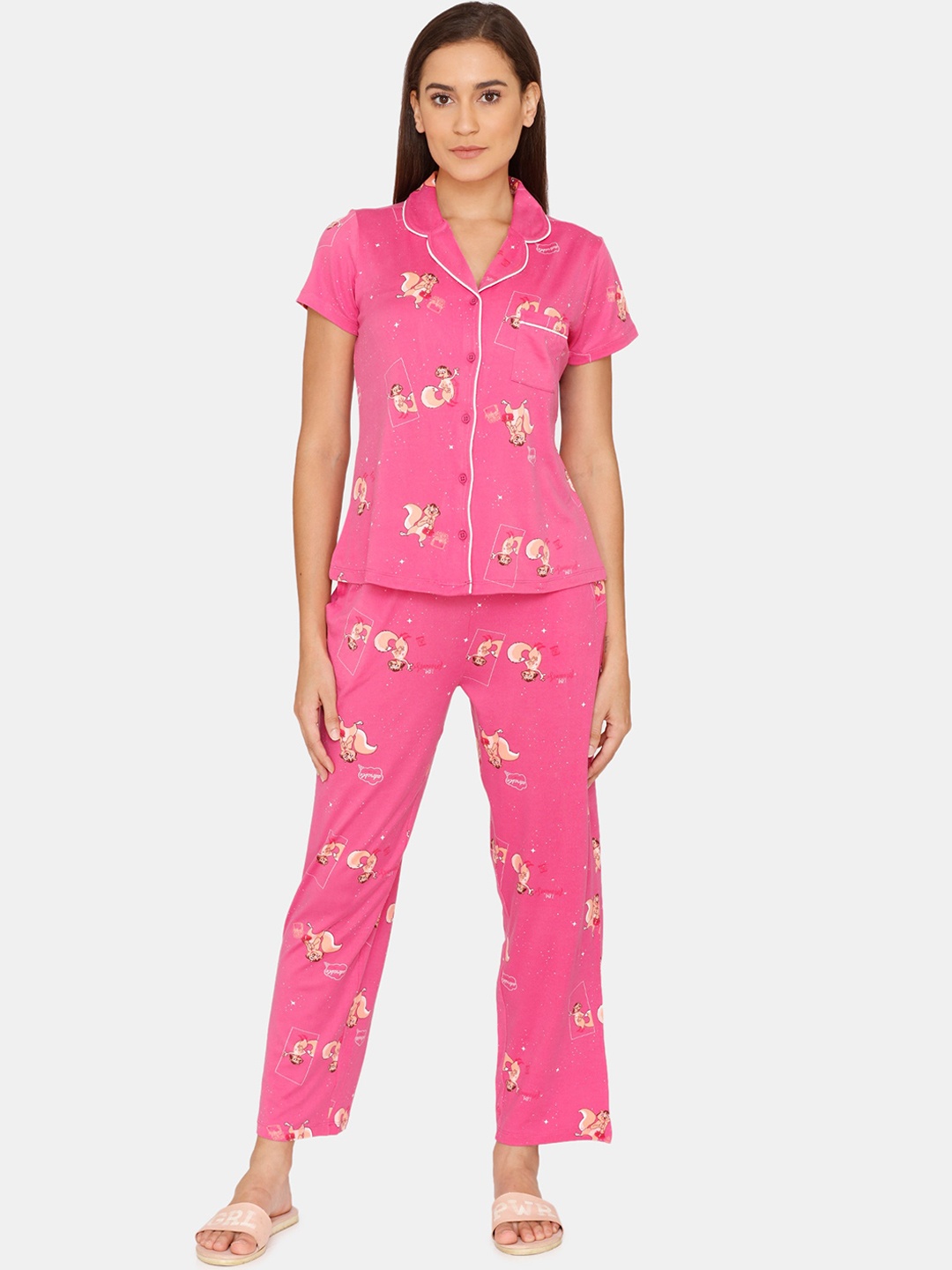 

Zivame Women Pink & Brown Printed Night suit