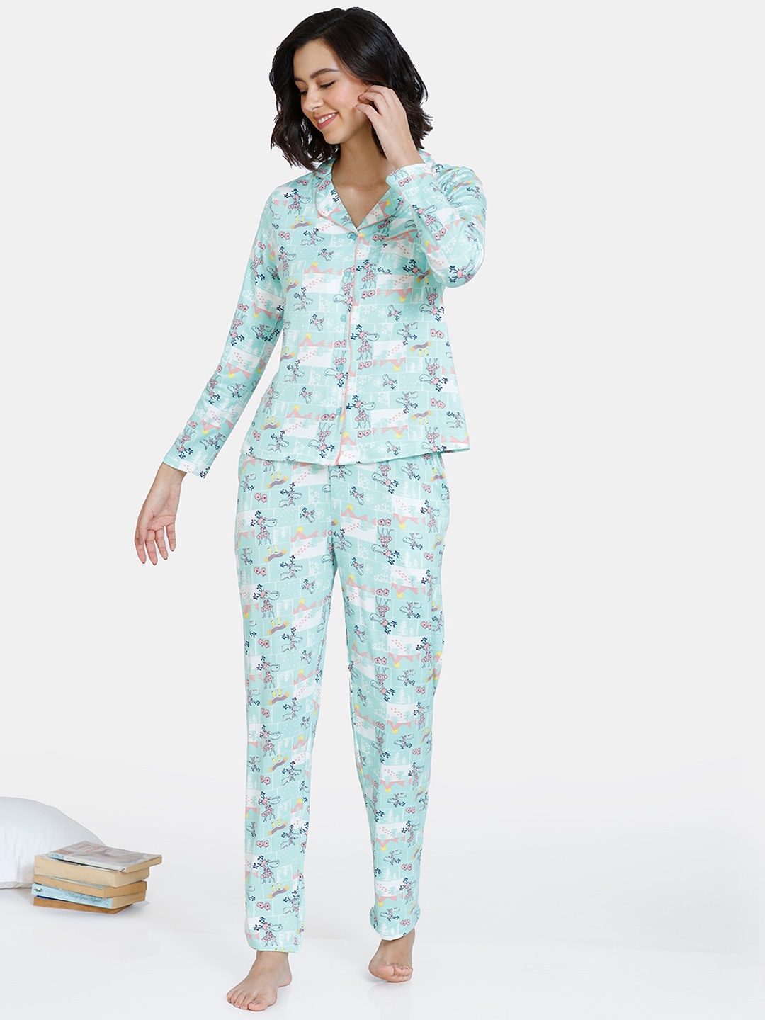 

Zivame Women Blue Graphic Printed Night Suit
