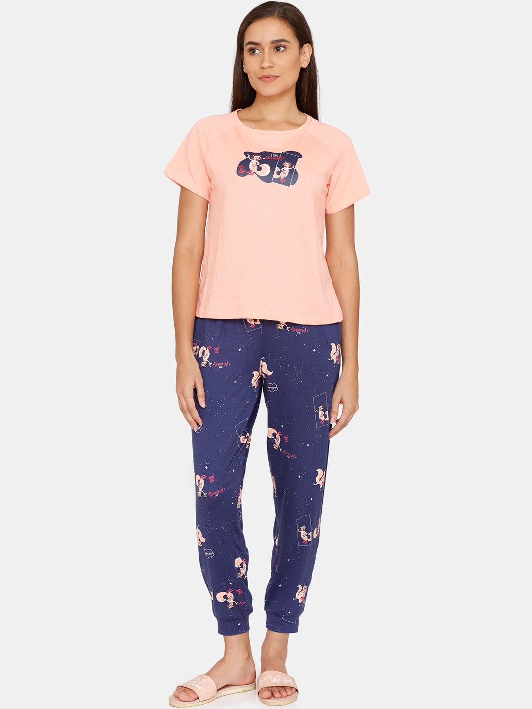 

Zivame Women Blue & Pink Printed Night Suit