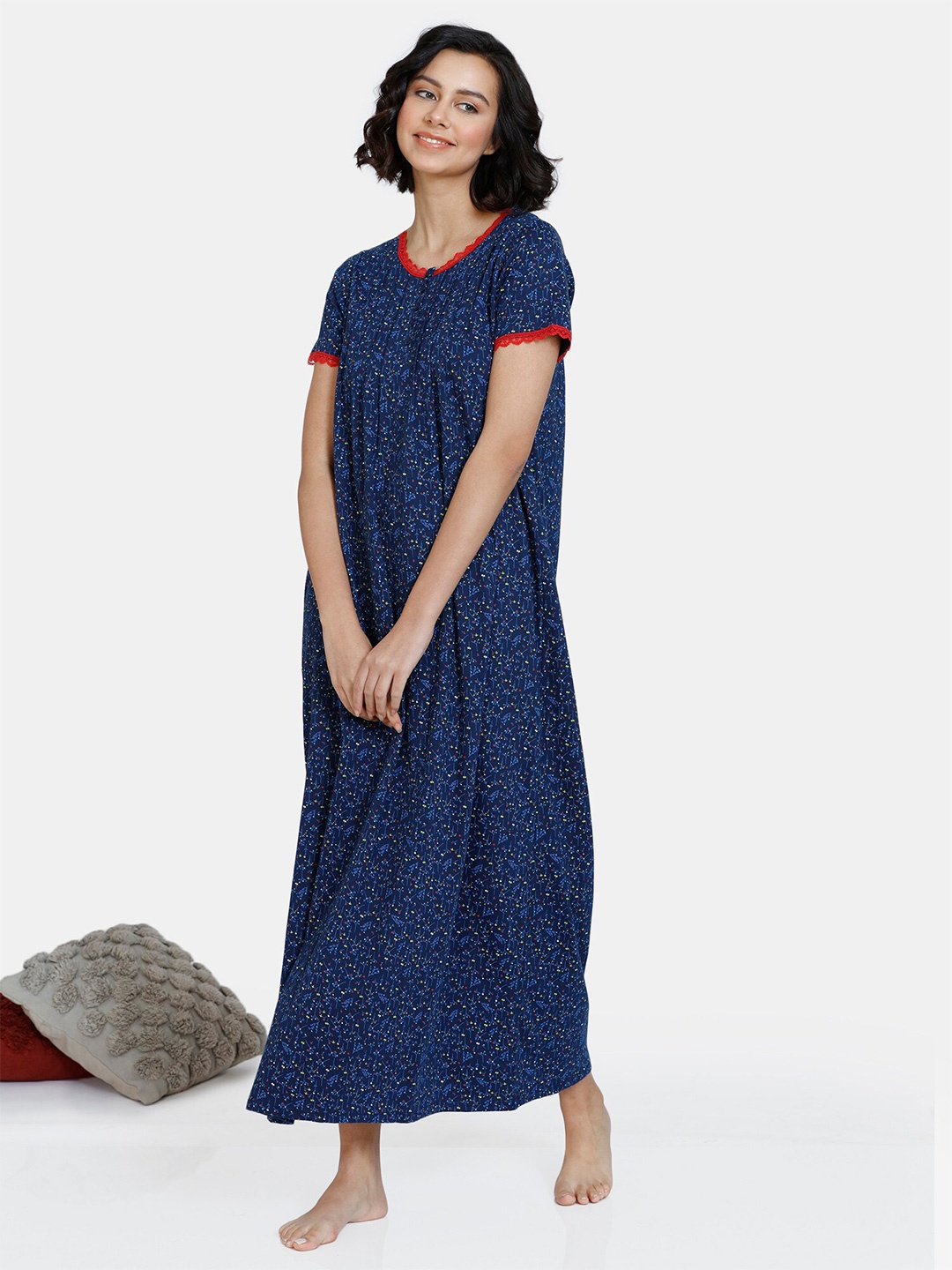 

Zivame Navy Blue Printed Pure Cotton Maxi Nightdress