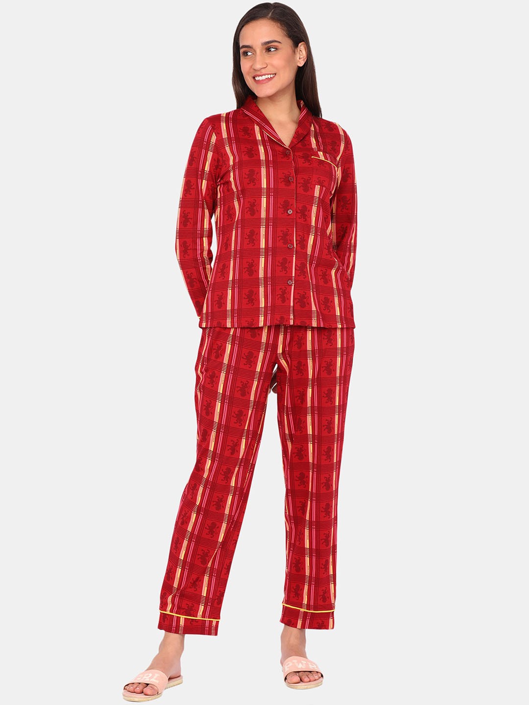 

Zivame Women Red & Yellow Printed Cotton Night suit