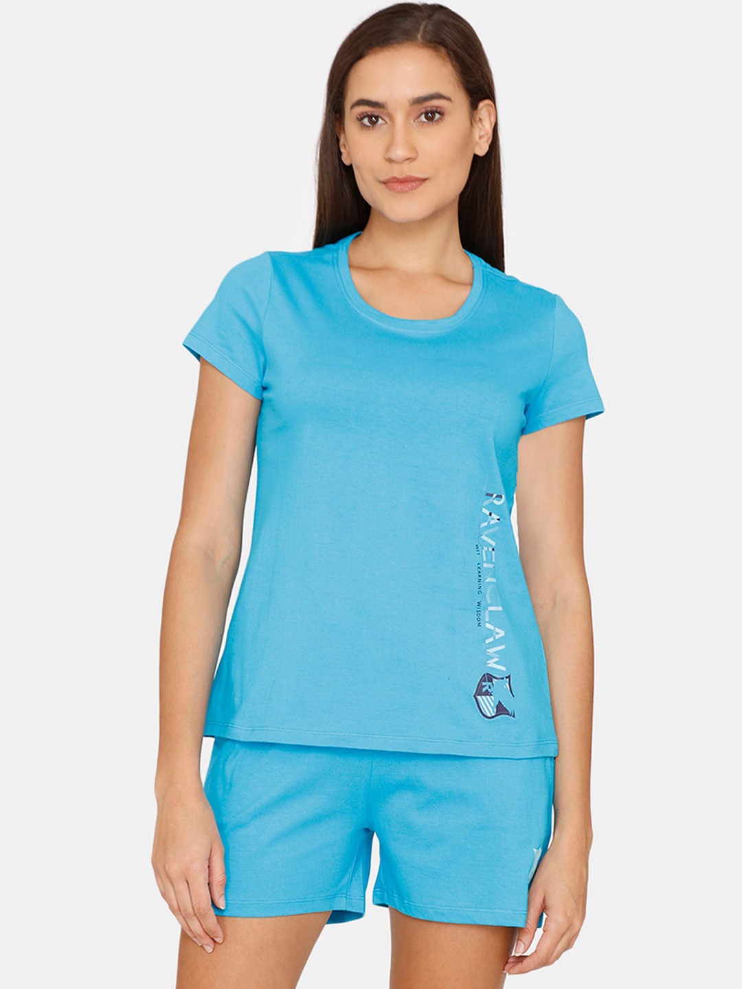 

Zivame Women Blue Solid Pure Cotton Night Suit