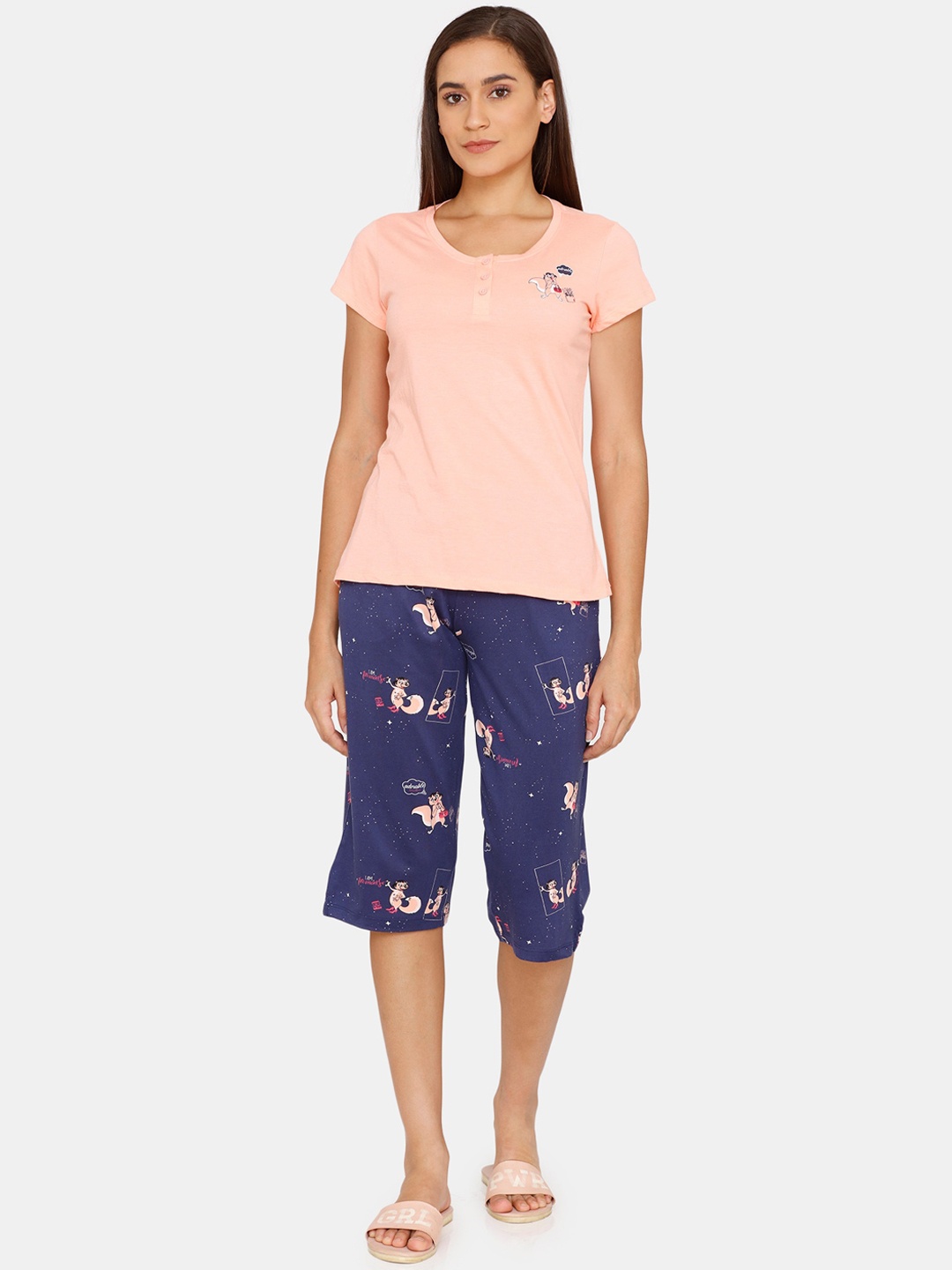 

Zivame Women Blue & Peach-Coloured Night suit