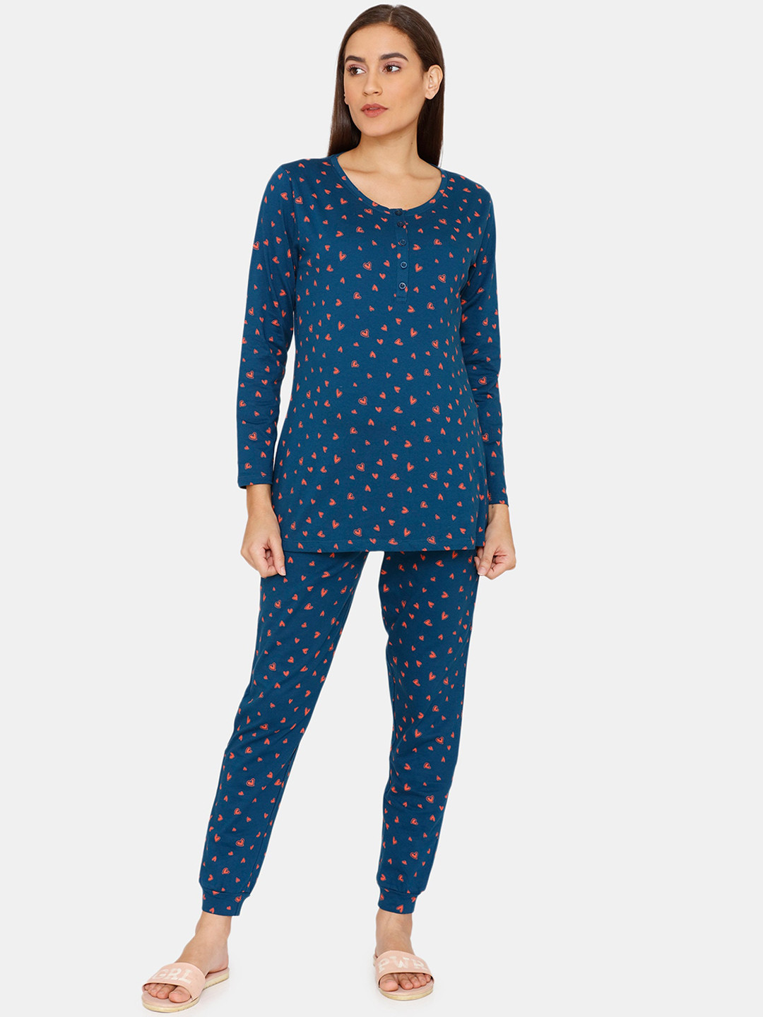 

Zivame Women Maternity Blue & Orange Printed Cotton Night suit