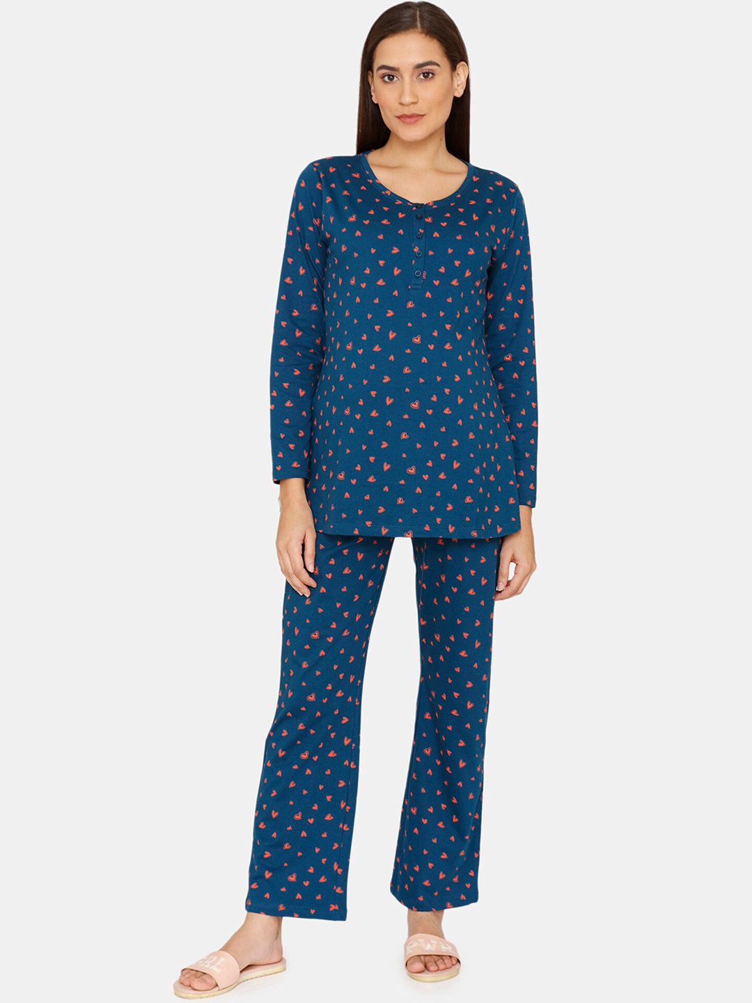 

Zivame Women Blue Printed Pure Cotton Maternity Night Suit