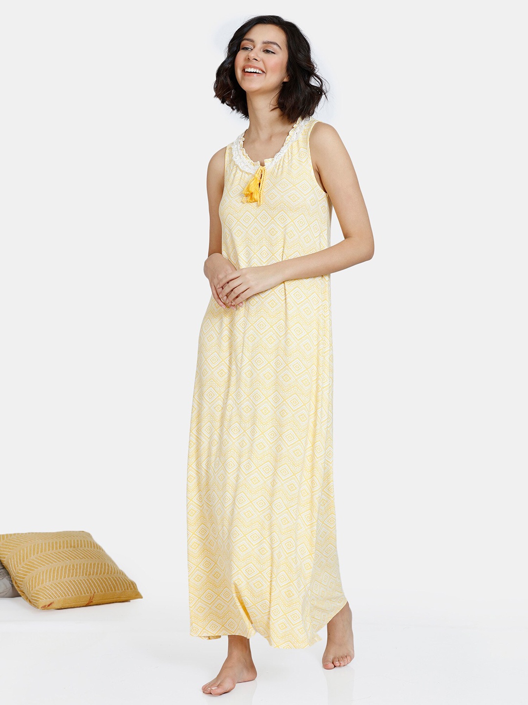 

Zivame Yellow Printed Tie-Up Neck Maxi Nightdress