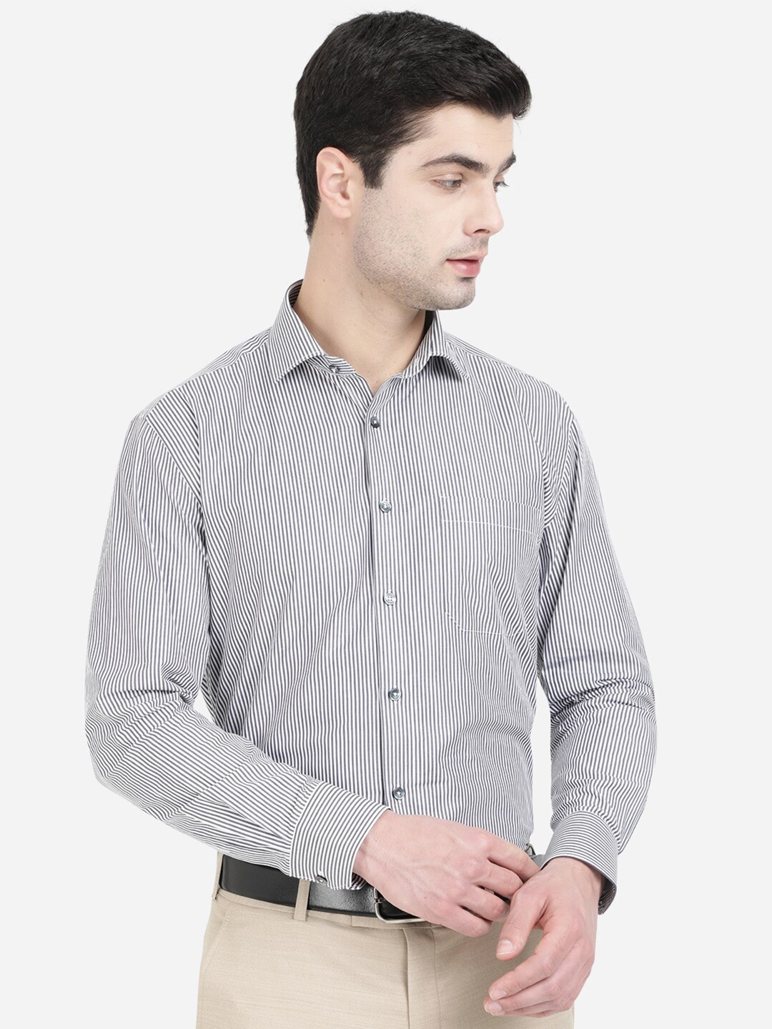 

JADE BLUE Men Grey Pinstripes Striped Pure Cotton Formal Shirt