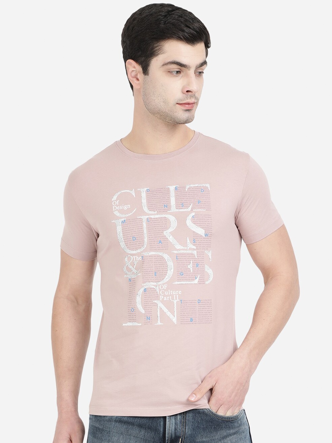 

JADE BLUE Men Mauve Typography Printed Slim Fit Cotton T-shirt, Rose