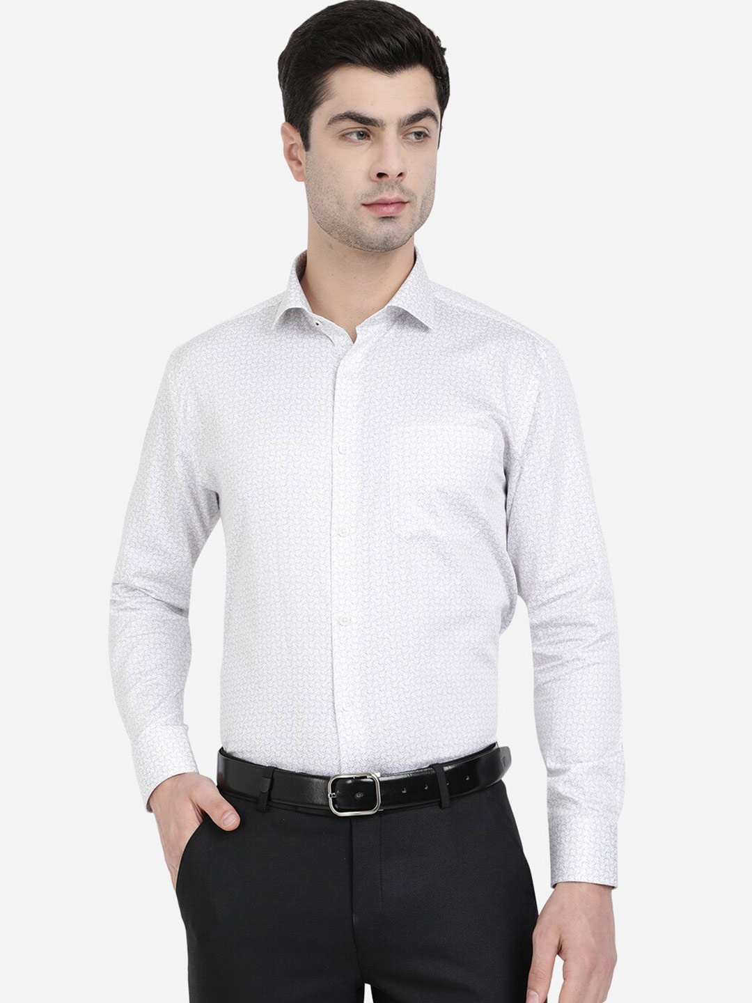 

JADE BLUE Men White & Grey Cotton Printed Formal Shirt