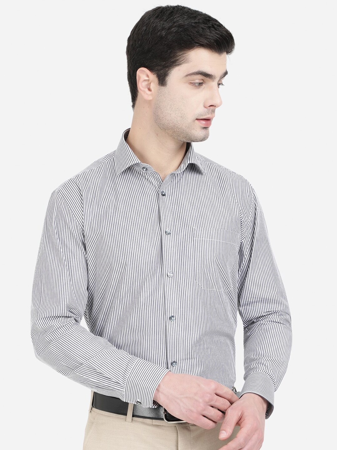 

JADE BLUE Men Grey Pinstripes Striped Pure Cotton Formal Shirt