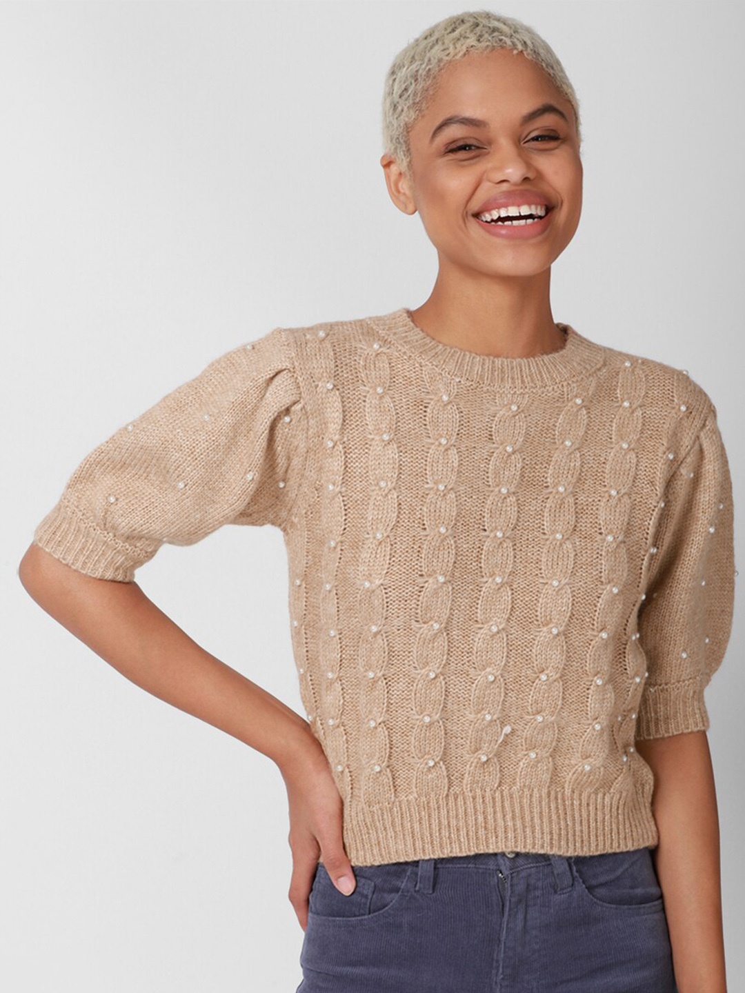 

FOREVER 21 Women Beige & White Cable Knit Pullover with Embellished Detail