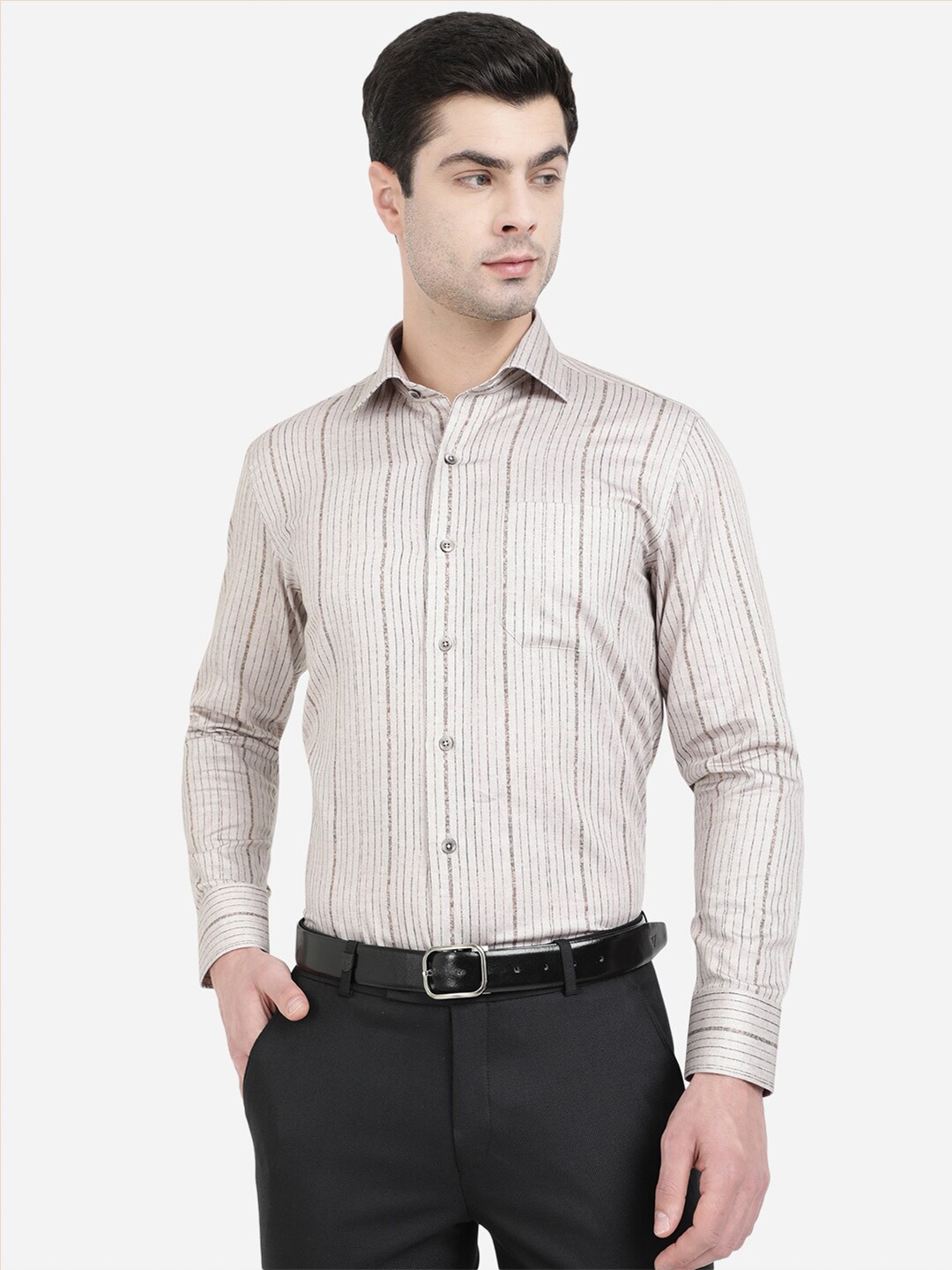 

METAL Men Grey & Brown Slim Fit Striped Cotton Formal Shirt