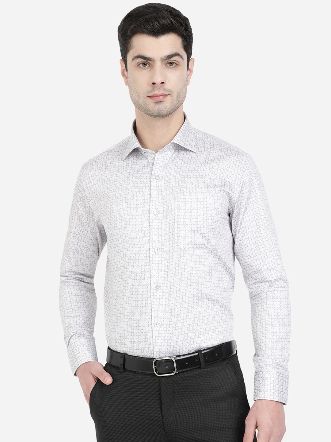 

METAL Men Grey Slim Fit Printed Cotton Formal Shirt