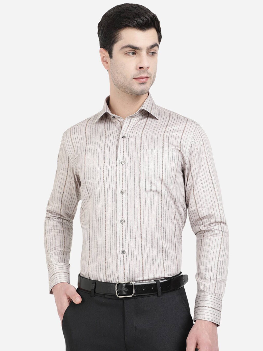 

METAL Men Grey Slim Fit Striped Pure Cotton Formal Shirt