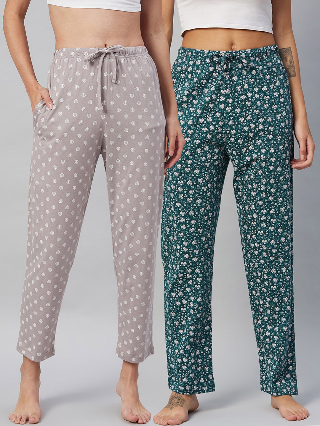 

C9 AIRWEAR Women Pack of 2 Green & Grey Printed Pure Cotton Lounge Pants