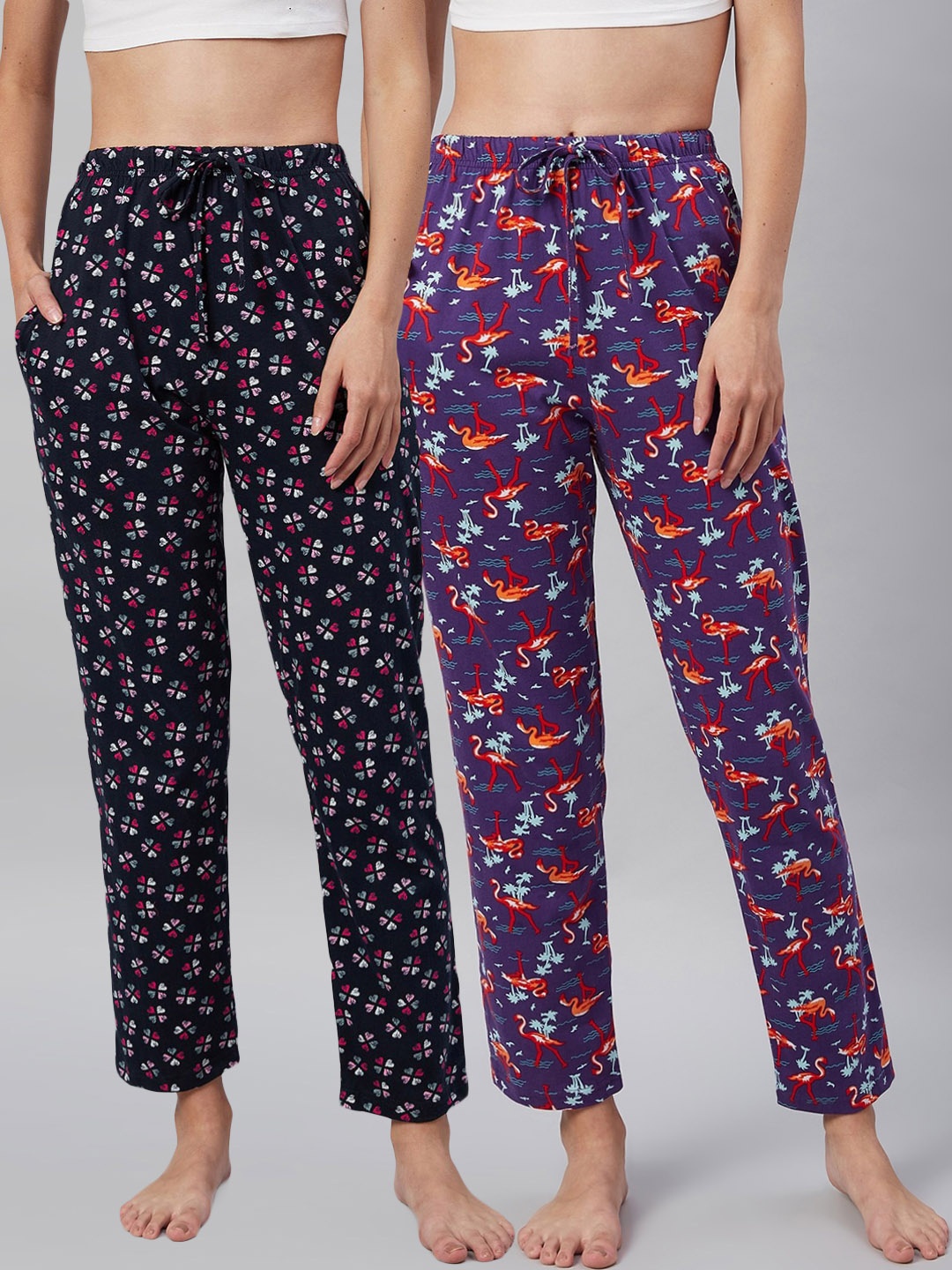 

C9 AIRWEAR Women Pack Of 2 Printed Relaxed Fit Pure Cotton Lounge Pants, Navy blue