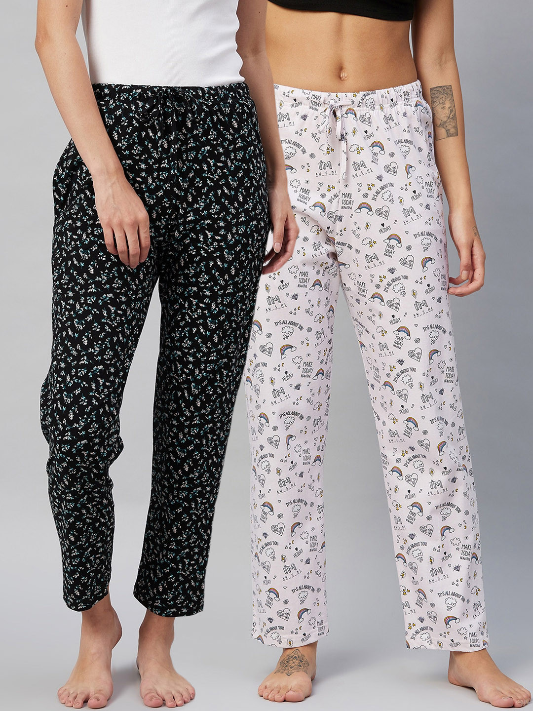 

C9 AIRWEAR Women Pack Of 2 Printed Cotton Lounge Pants, Black