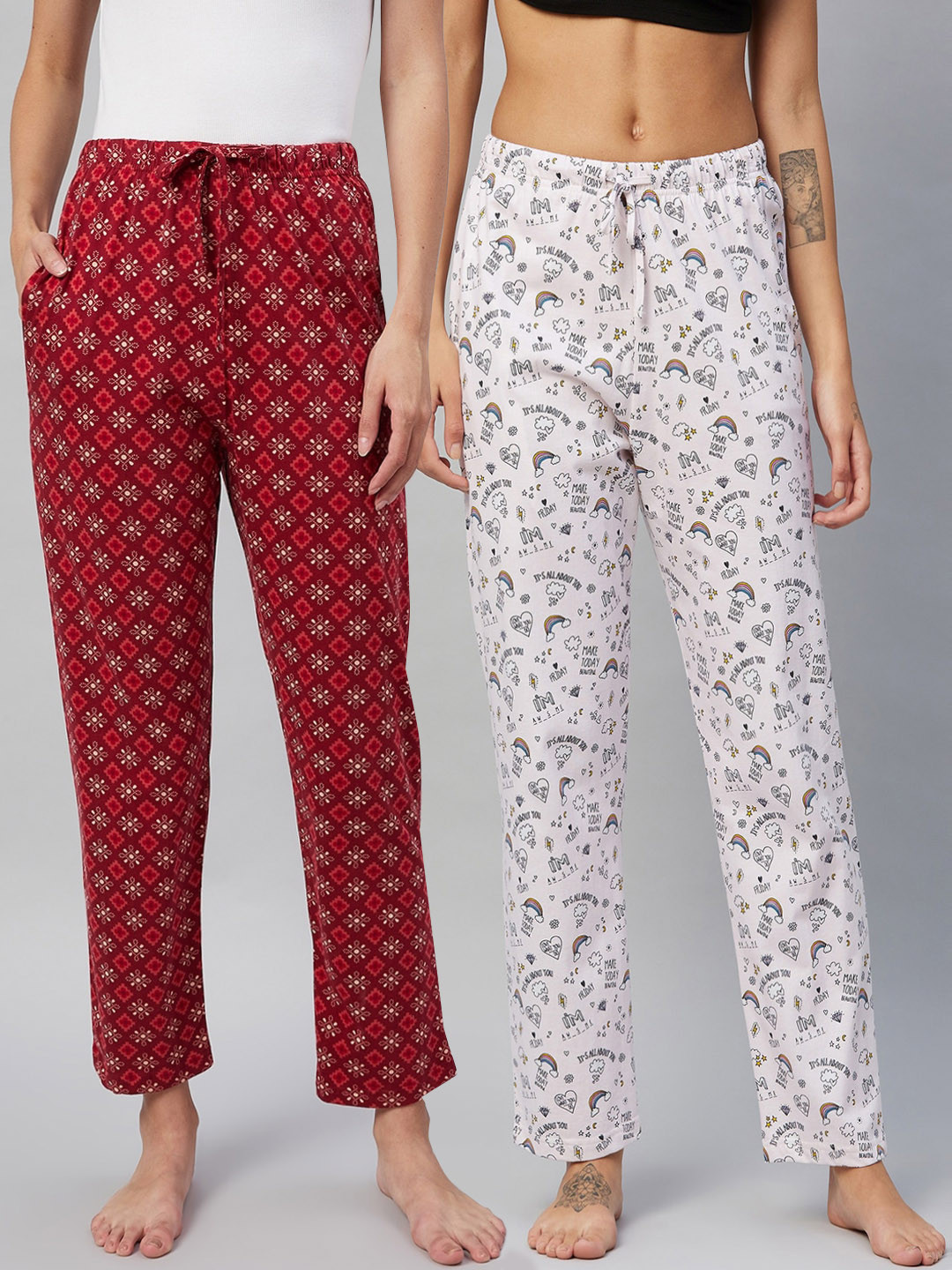 

C9 AIRWEAR Women Pack Of 2 Printed Relaxed Fit Cotton Lounge Pants, Maroon