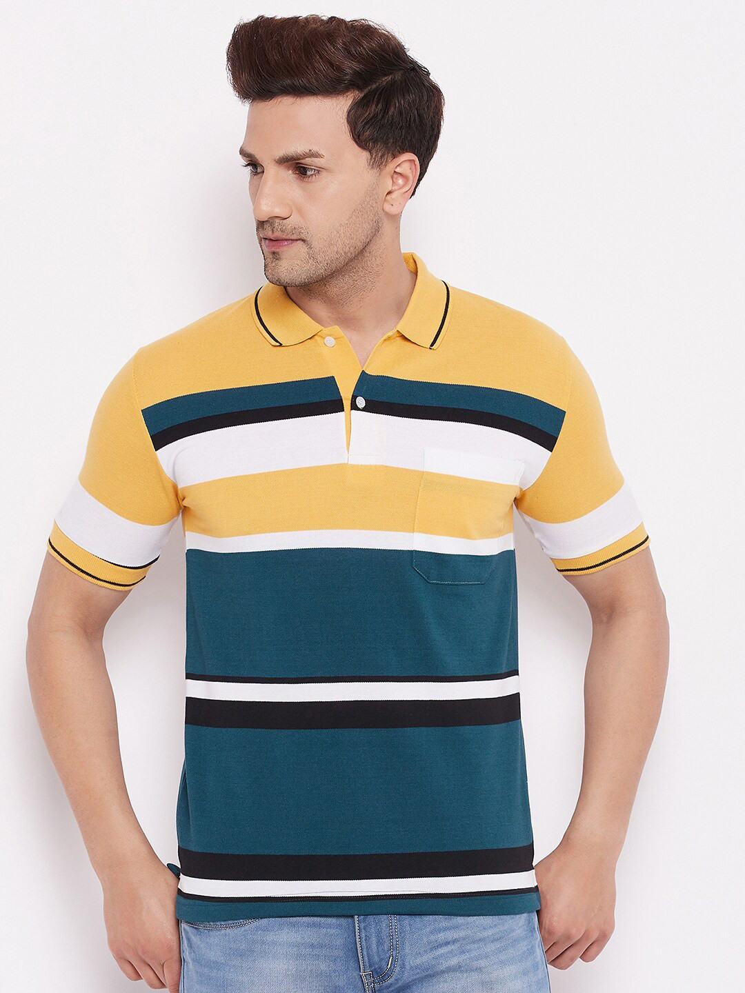 

FirstKrush Men Mustard Yellow & Teal Striped Cotton T-shirt