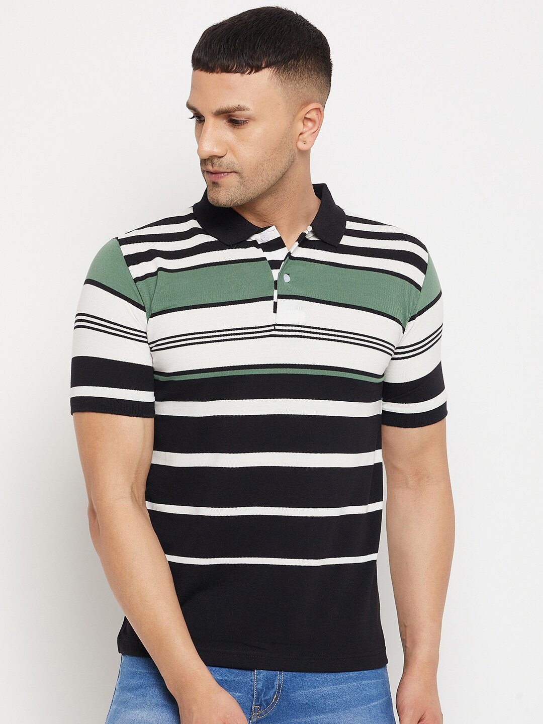 

FirstKrush Men Black & White Striped Polo Collar T-shirt