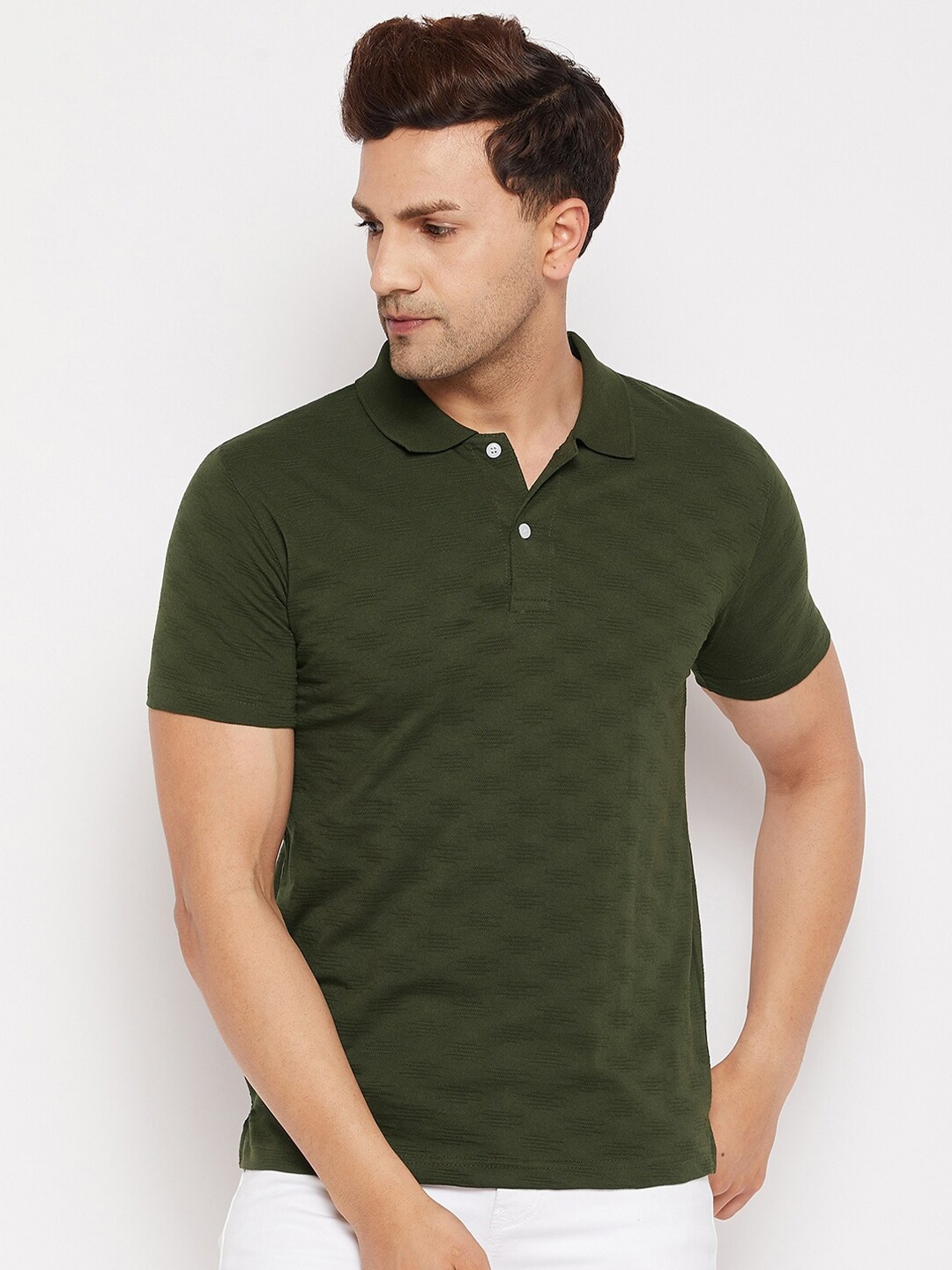 

FirstKrush Men Olive Green Printed Regular Fit Cotton Polo Collar T-shirt