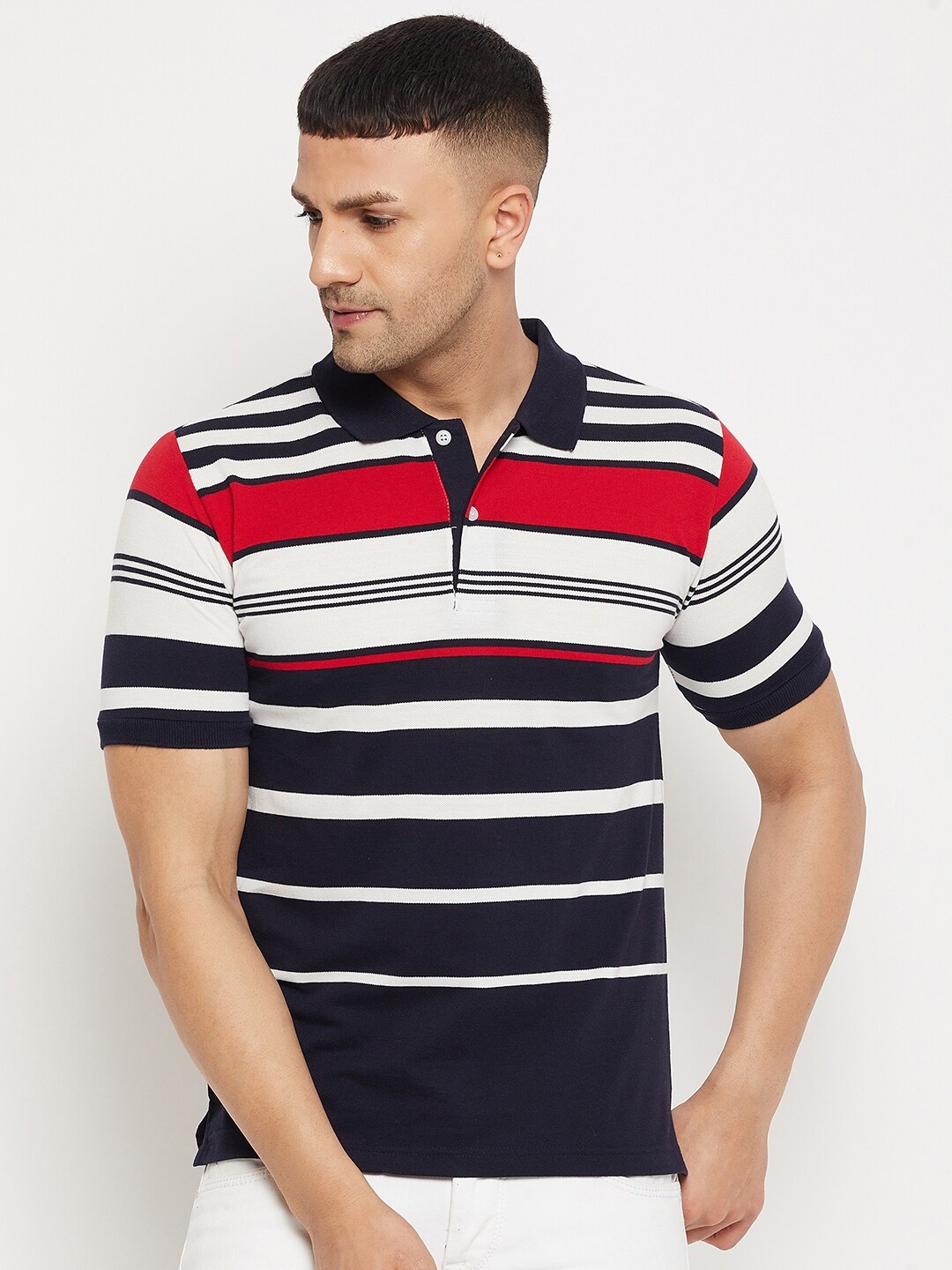 

FirstKrush Men Navy Blue & White Striped Polo Collar T-shirt