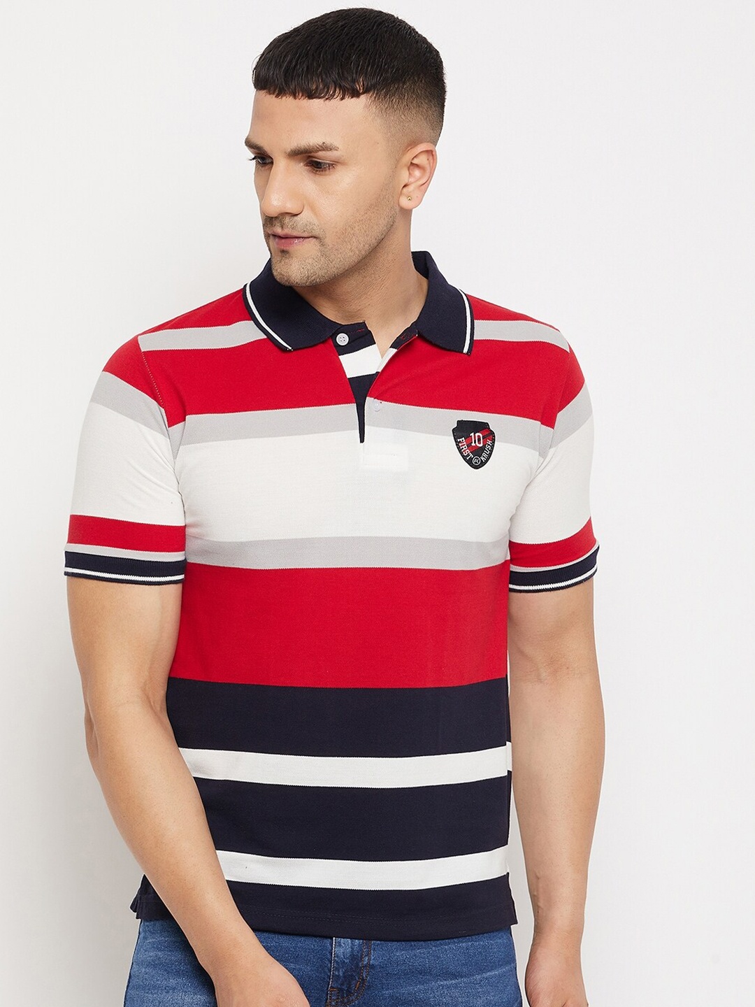 

FirstKrush Men Red & White Striped Polo Collar Cotton T-shirt