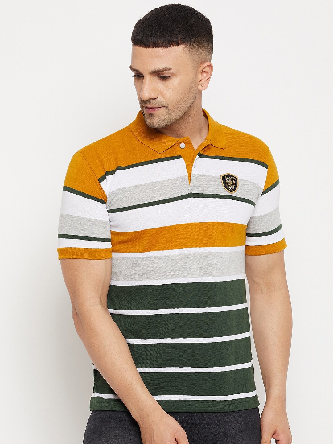 

FirstKrush Men Mustard Yellow & White Striped Regular Fit Cotton Polo Collar T-shirt