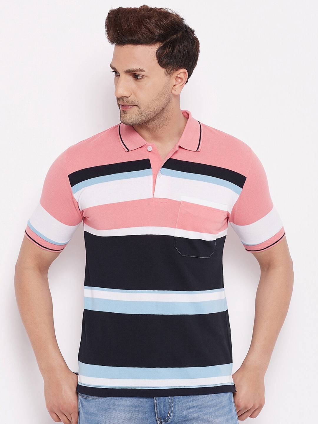

FirstKrush Men Peach-Coloured & Black Striped Polo Collar Cotton T-shirt
