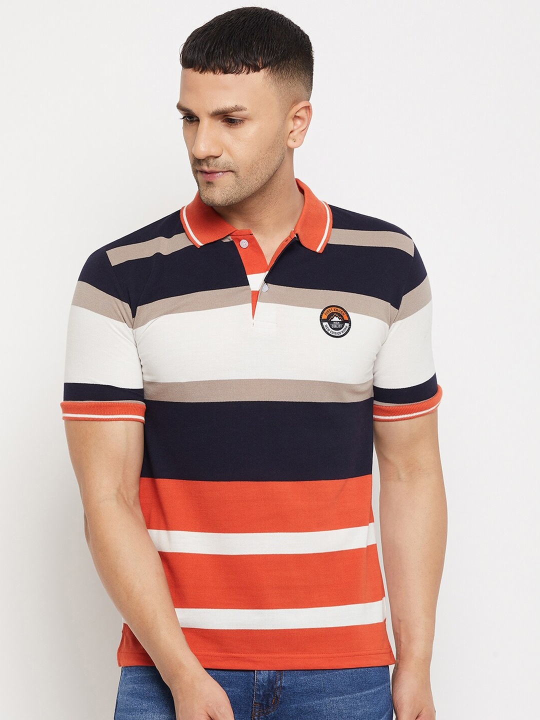 

FirstKrush Men Navy Blue & Orange Striped Polo Collar T-shirt